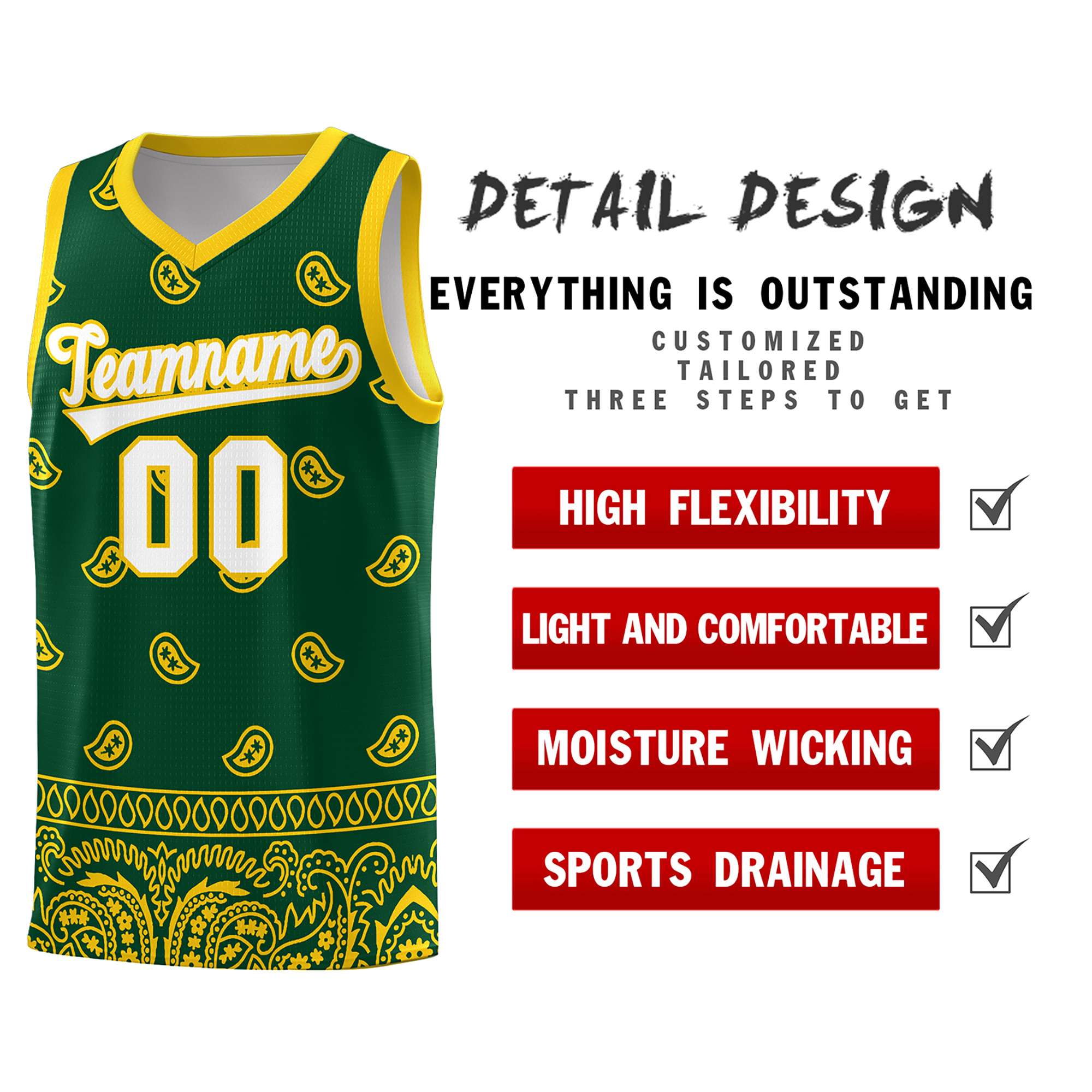 Custom Gold Green Personalized Cashew Pattern Sports Uniform Basketball Jersey