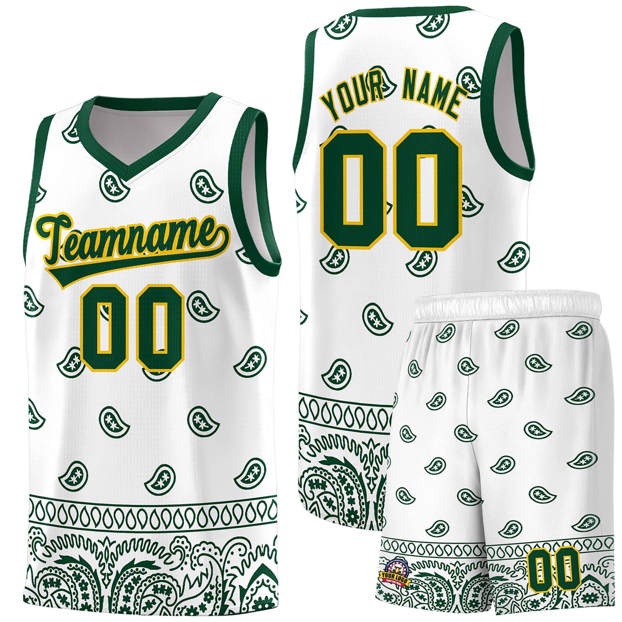 Custom Green White Personalized Cashew Pattern Sports Uniform Basketball Jersey