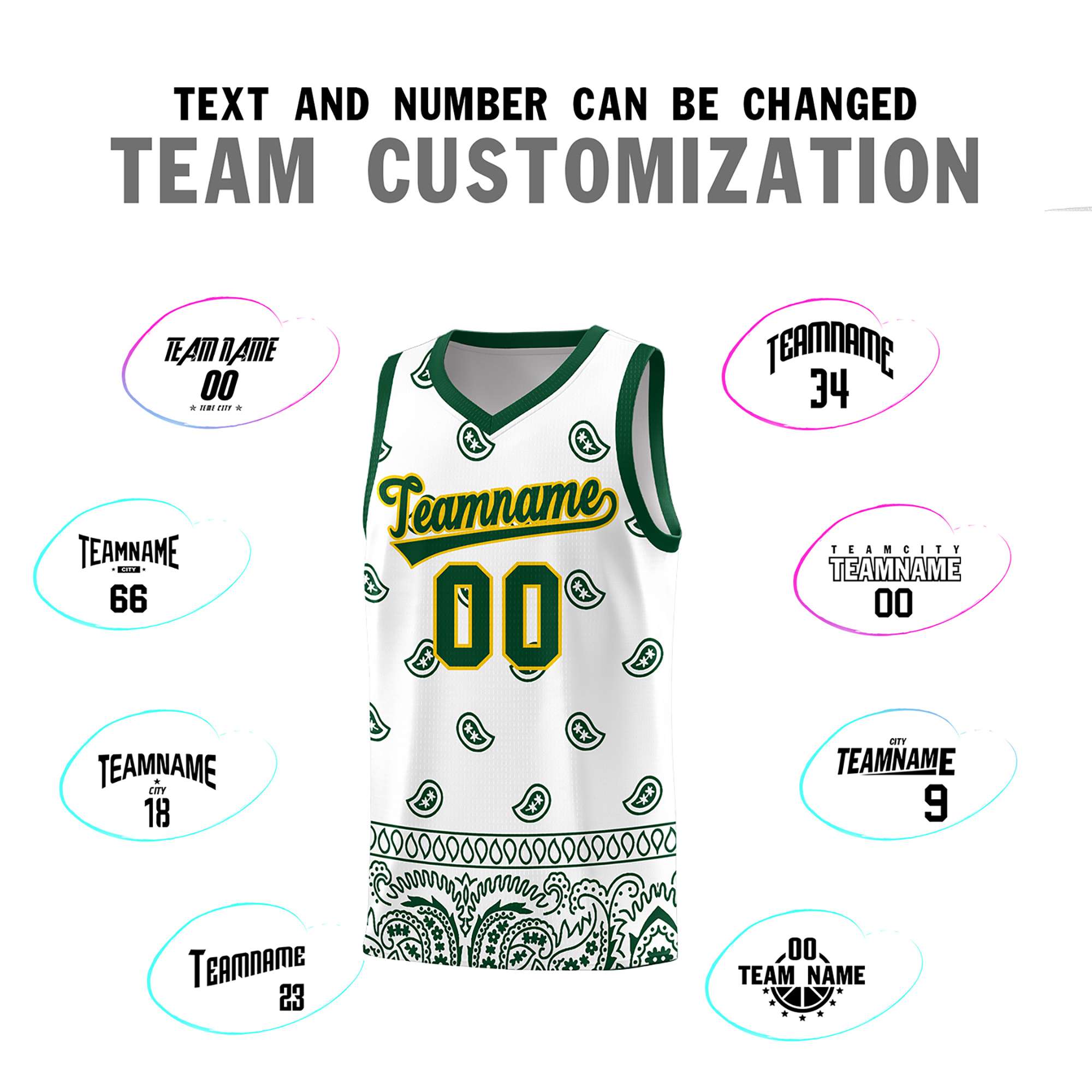 Custom Green White Personalized Cashew Pattern Sports Uniform Basketball Jersey