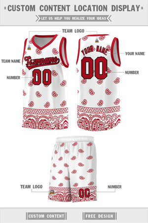 Custom White Red Personalized Cashew Pattern Sports Uniform Basketball Jersey