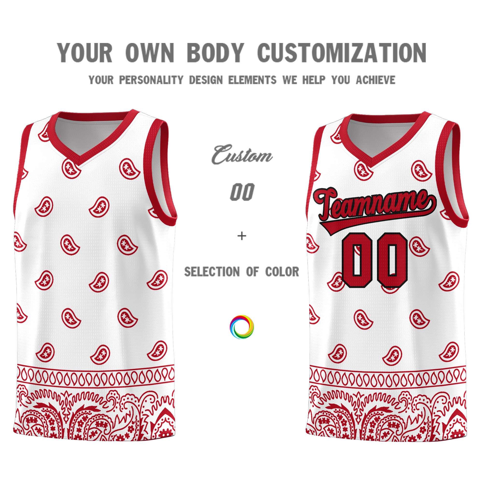 Custom White Red Personalized Cashew Pattern Sports Uniform Basketball Jersey