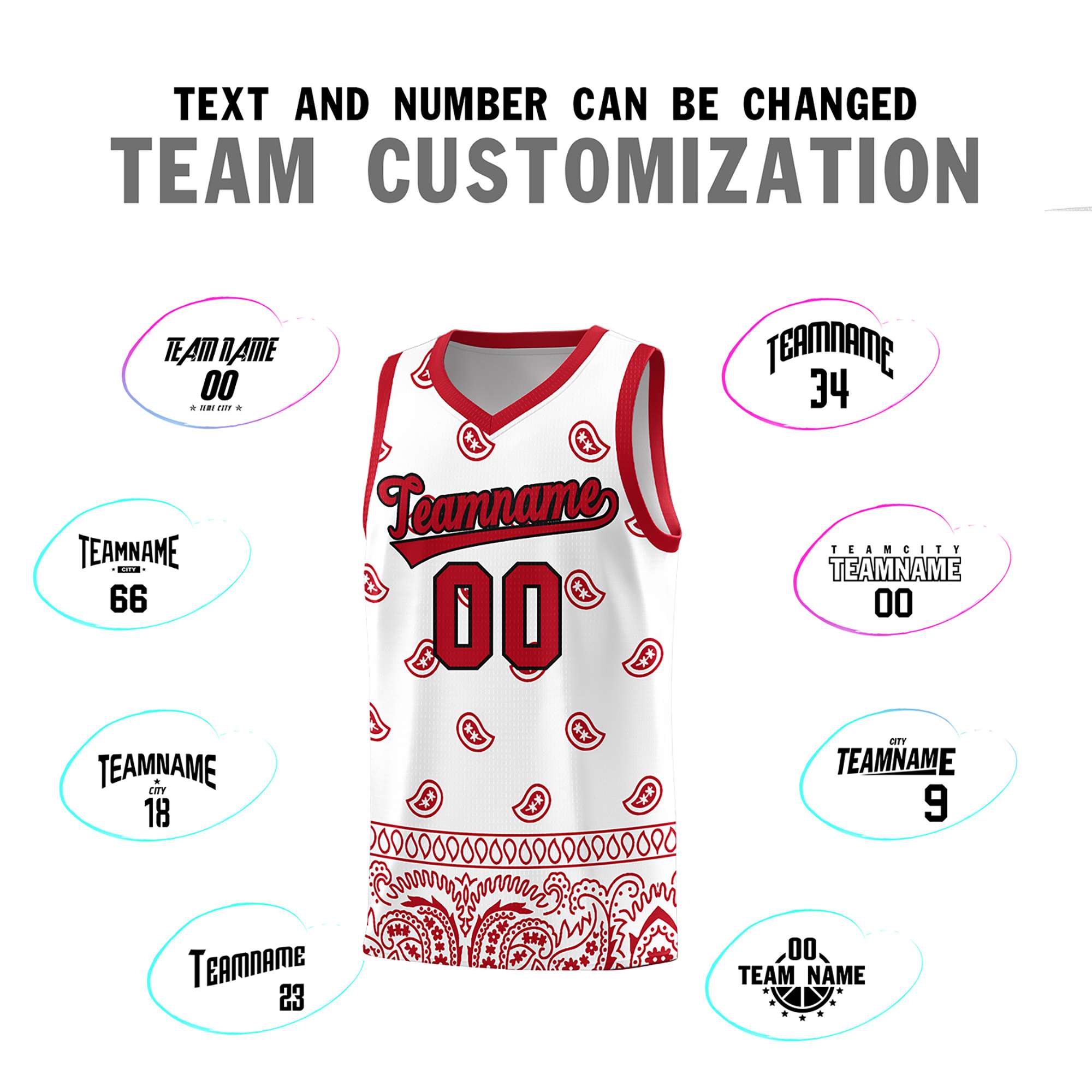 Custom White Red Personalized Cashew Pattern Sports Uniform Basketball Jersey