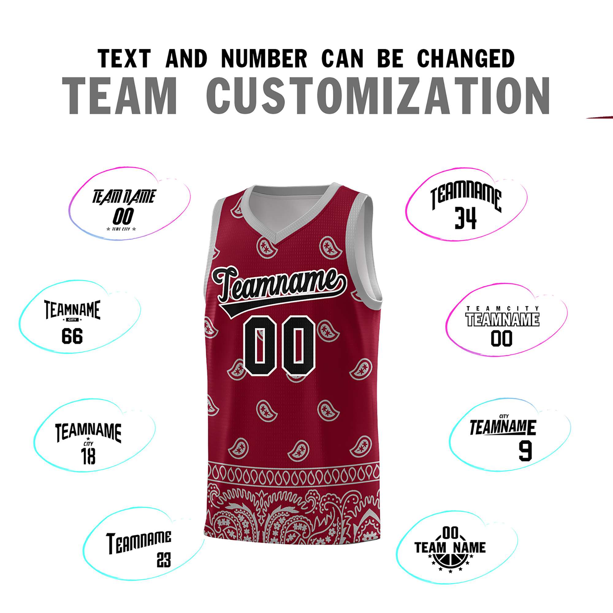 Custom Crimson Gray Personalized Cashew Pattern Sports Uniform Basketball Jersey