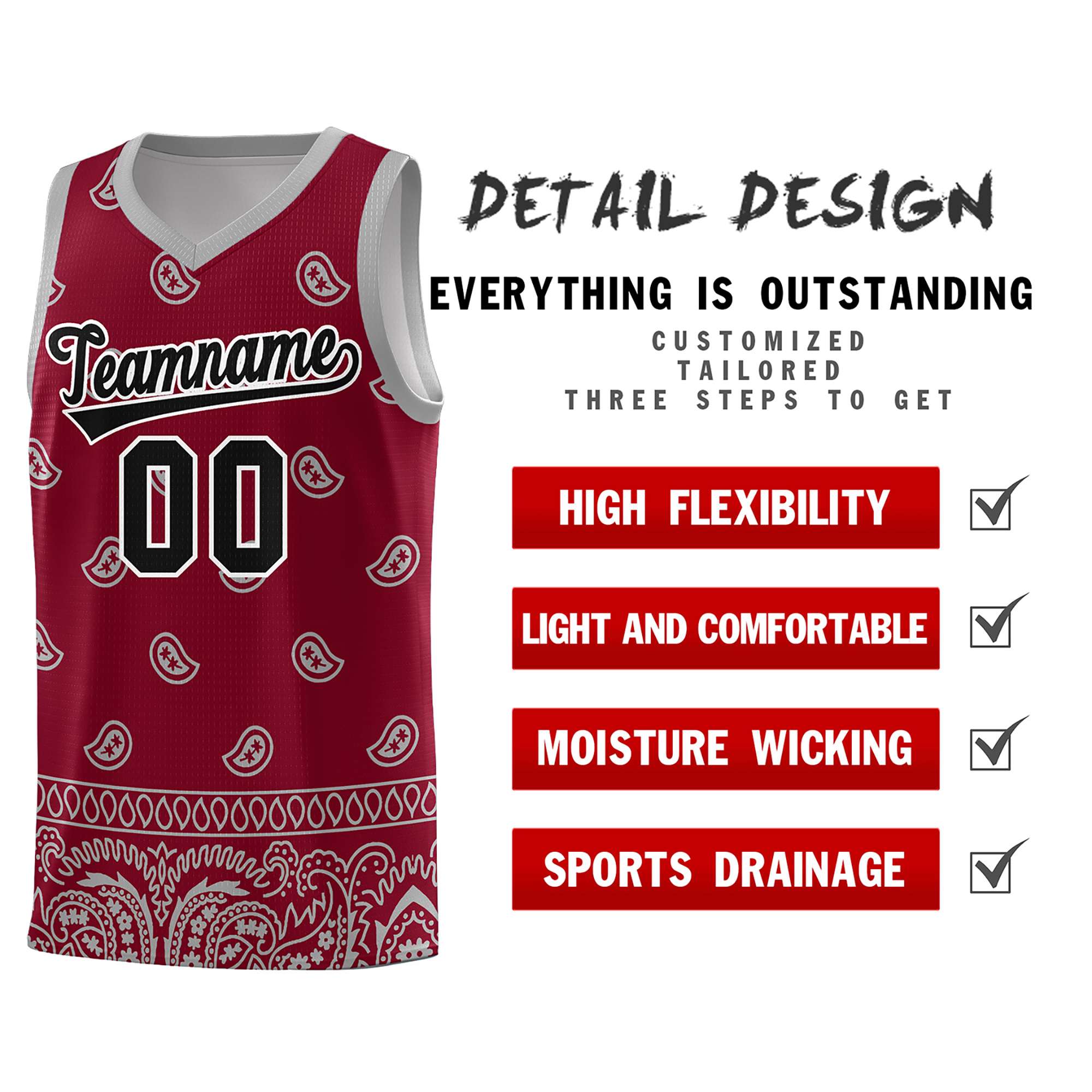 Custom Crimson Gray Personalized Cashew Pattern Sports Uniform Basketball Jersey