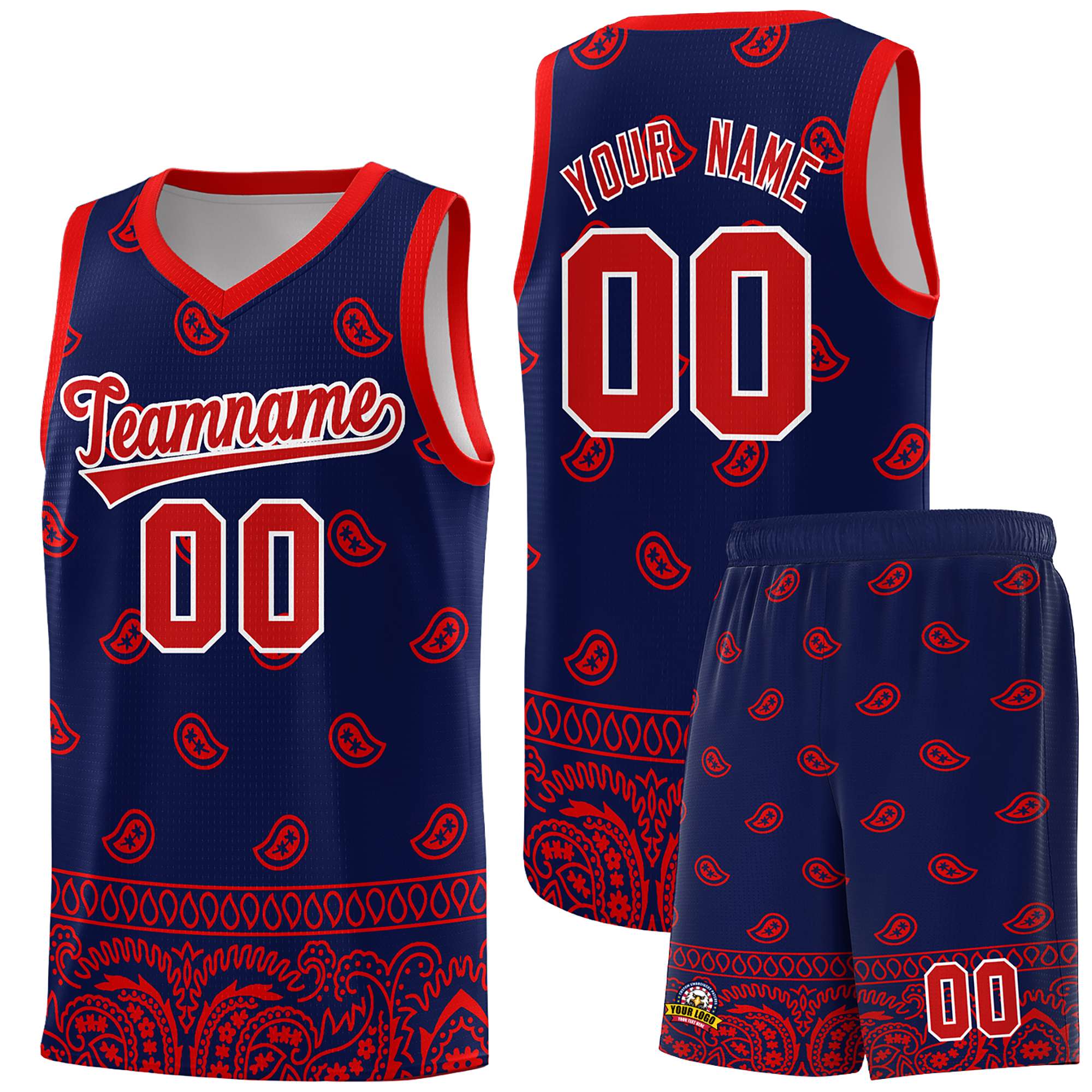 Custom Navy Red Personalized Cashew Pattern Sports Uniform Basketball Jersey