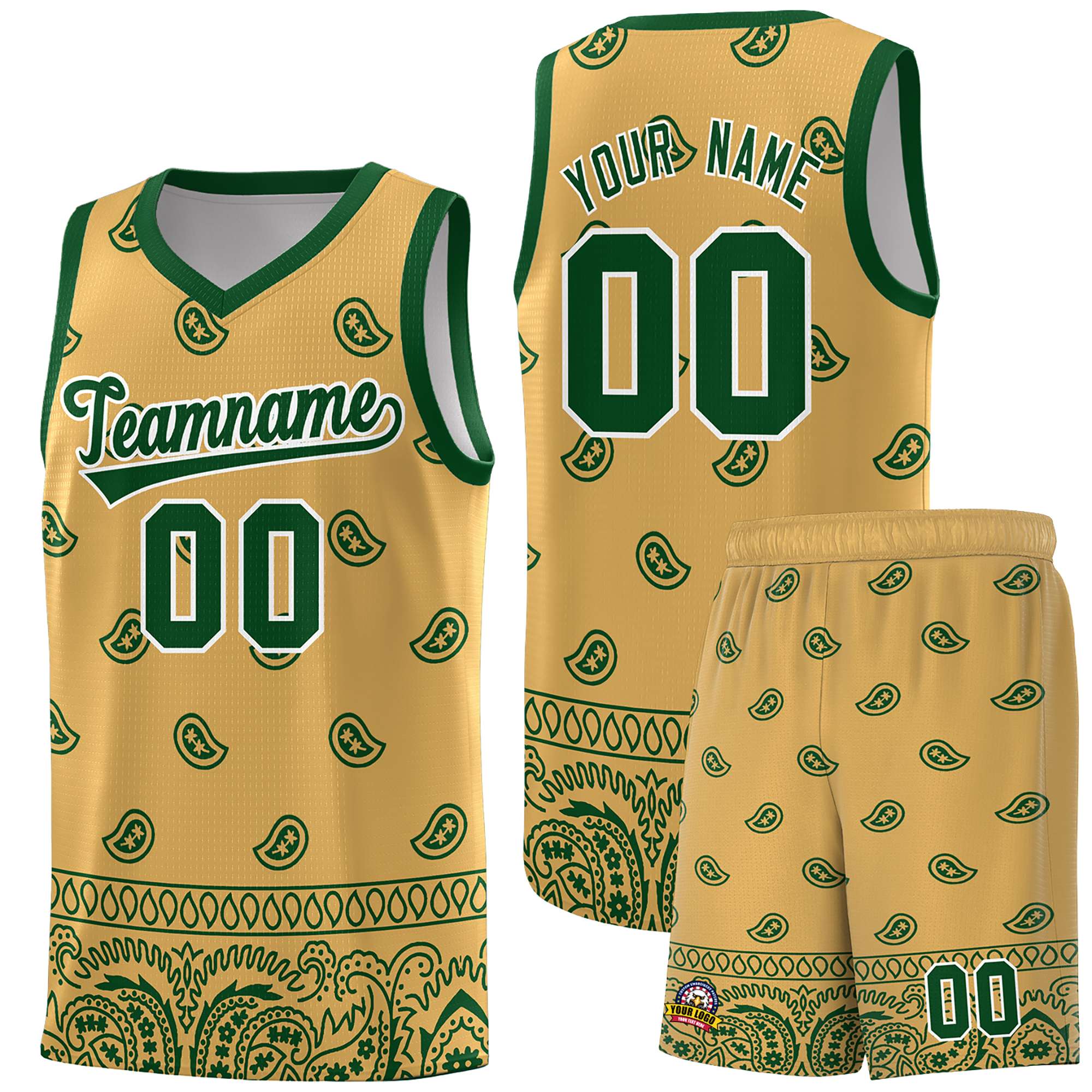 Custom Old Gold Green Personalized Cashew Pattern Sports Uniform Basketball Jersey