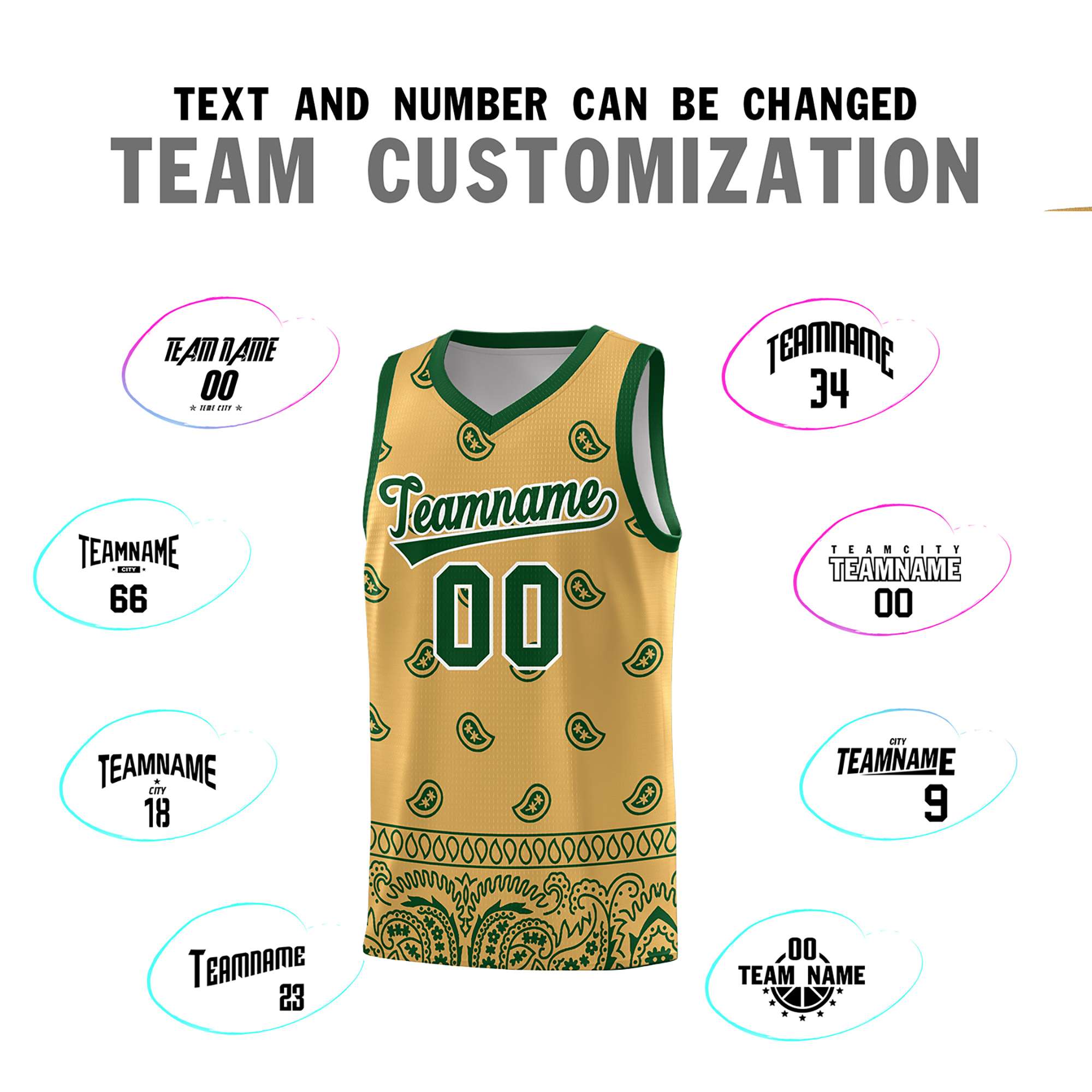 Custom Old Gold Green Personalized Cashew Pattern Sports Uniform Basketball Jersey