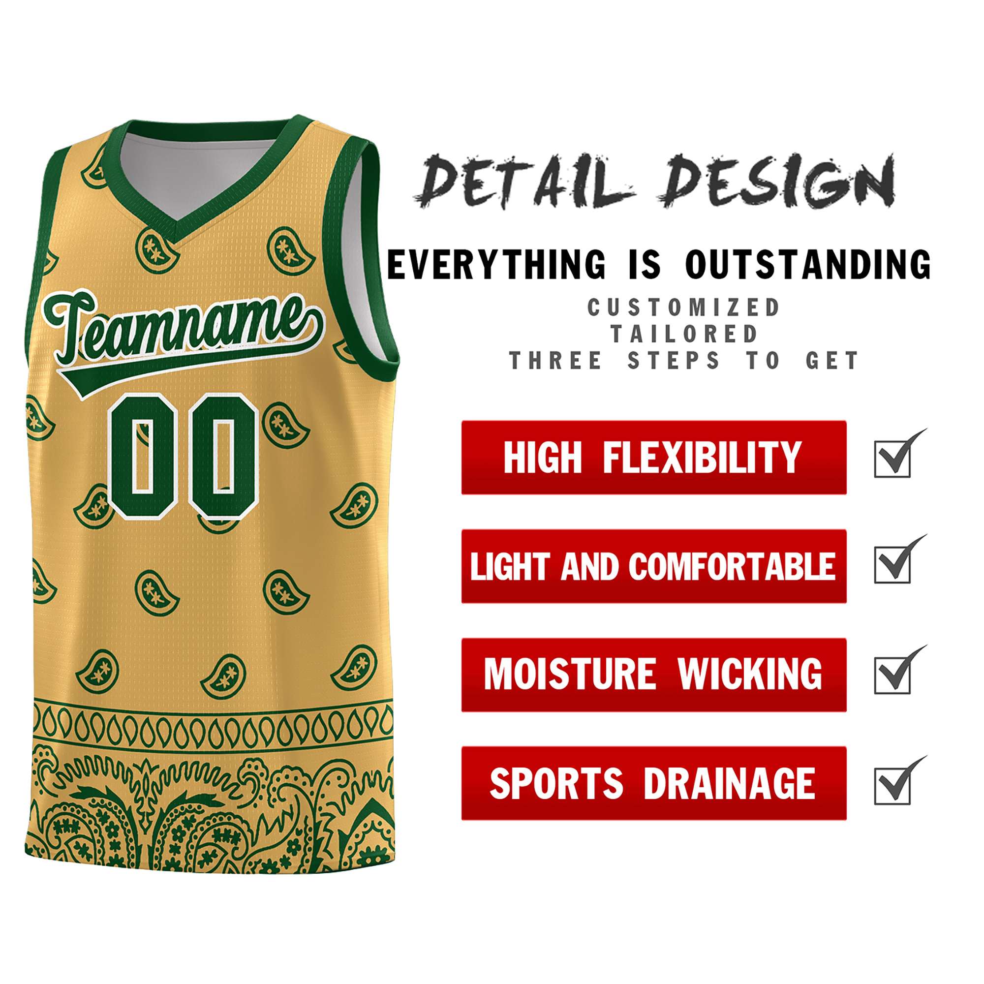 Custom Old Gold Green Personalized Cashew Pattern Sports Uniform Basketball Jersey