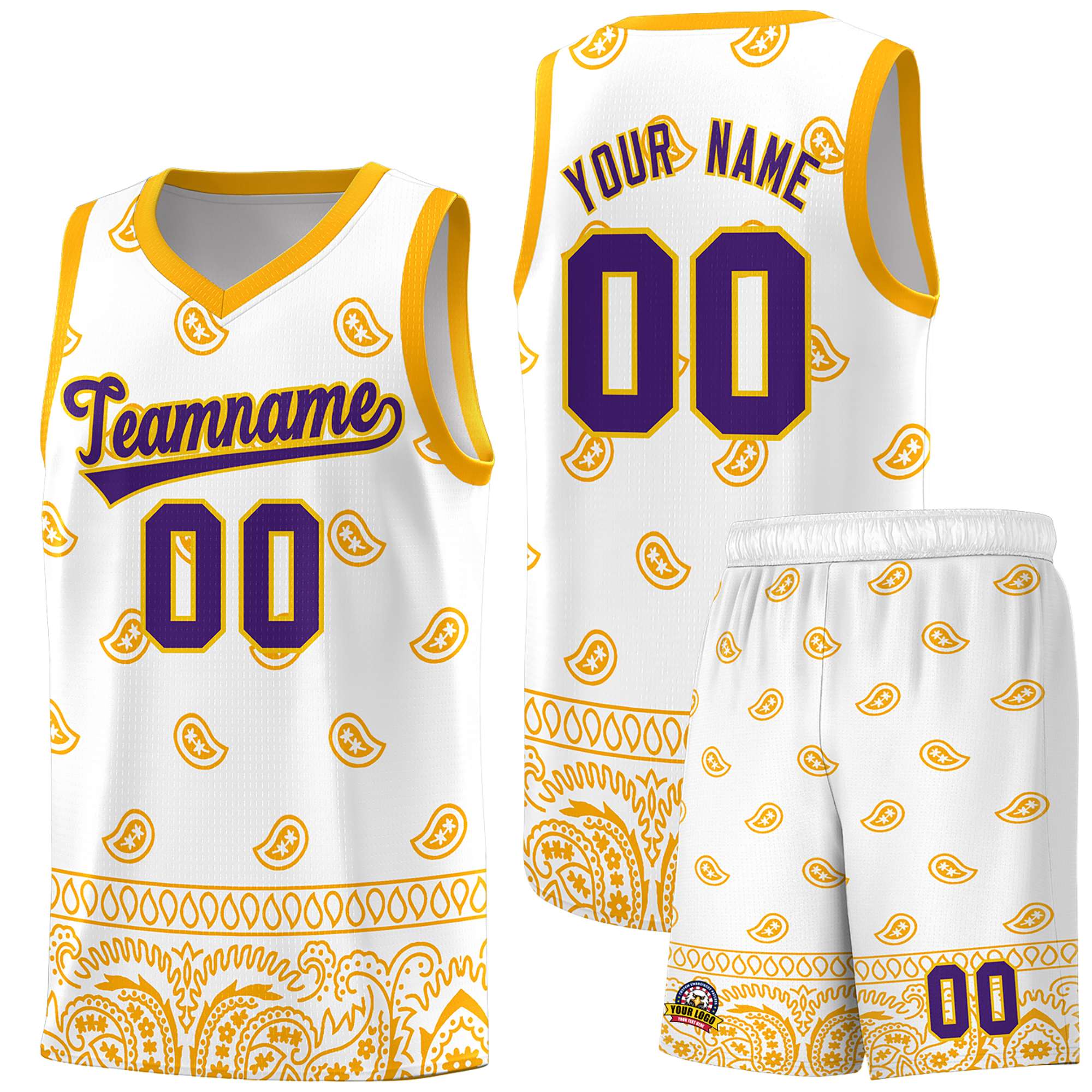 Custom White Yellow Personalized Cashew Pattern Sports Uniform Basketball Jersey