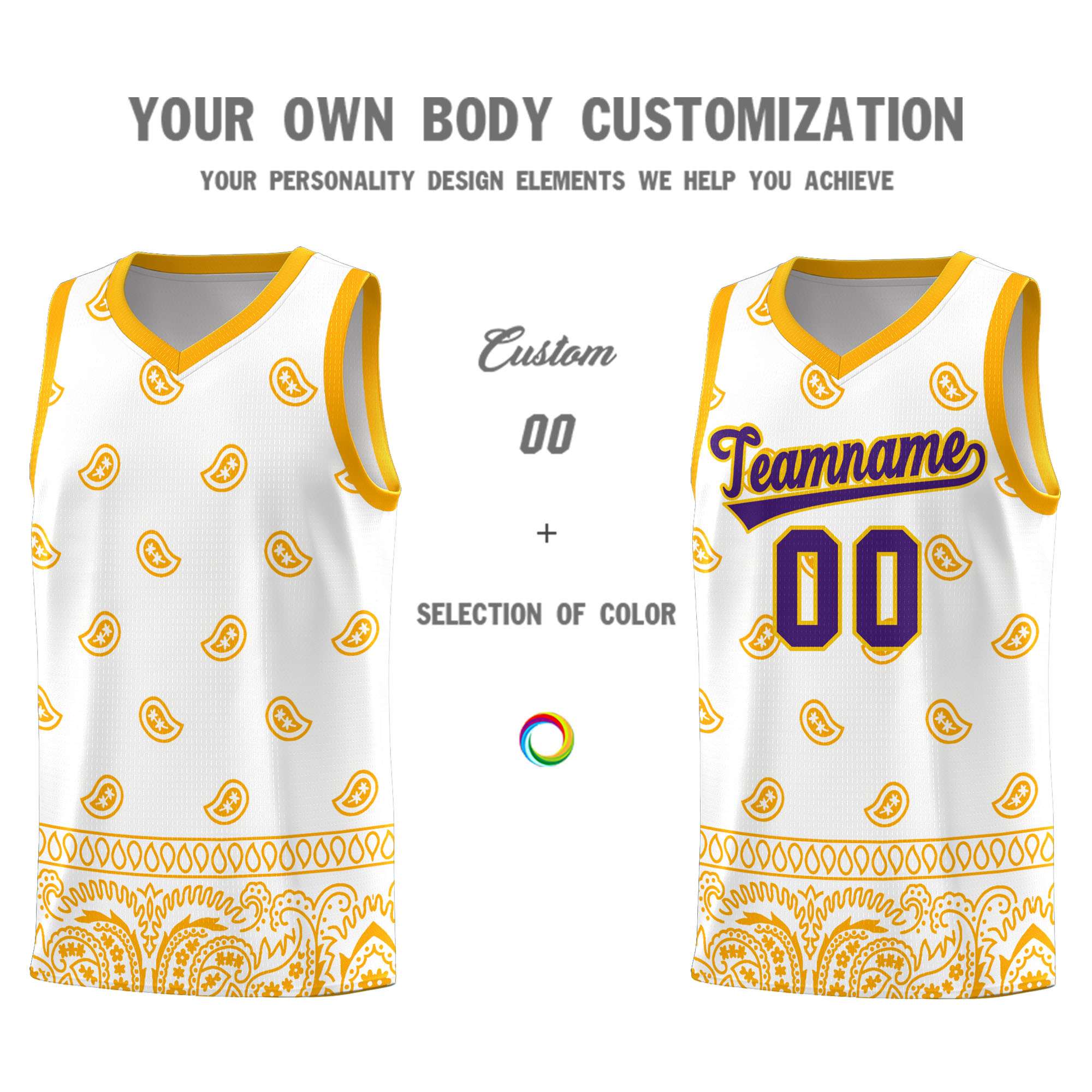 Custom White Yellow Personalized Cashew Pattern Sports Uniform Basketball Jersey