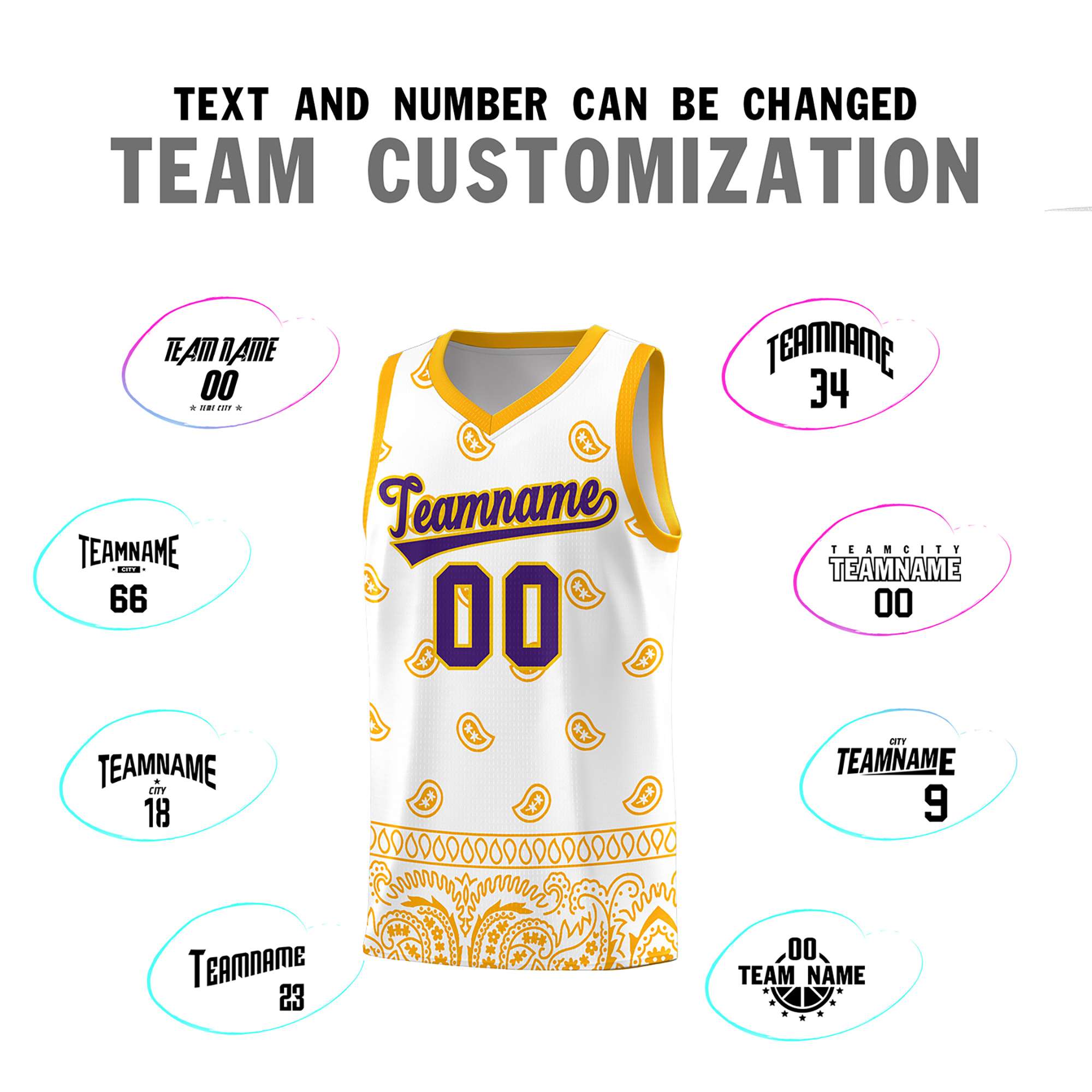 Custom White Yellow Personalized Cashew Pattern Sports Uniform Basketball Jersey