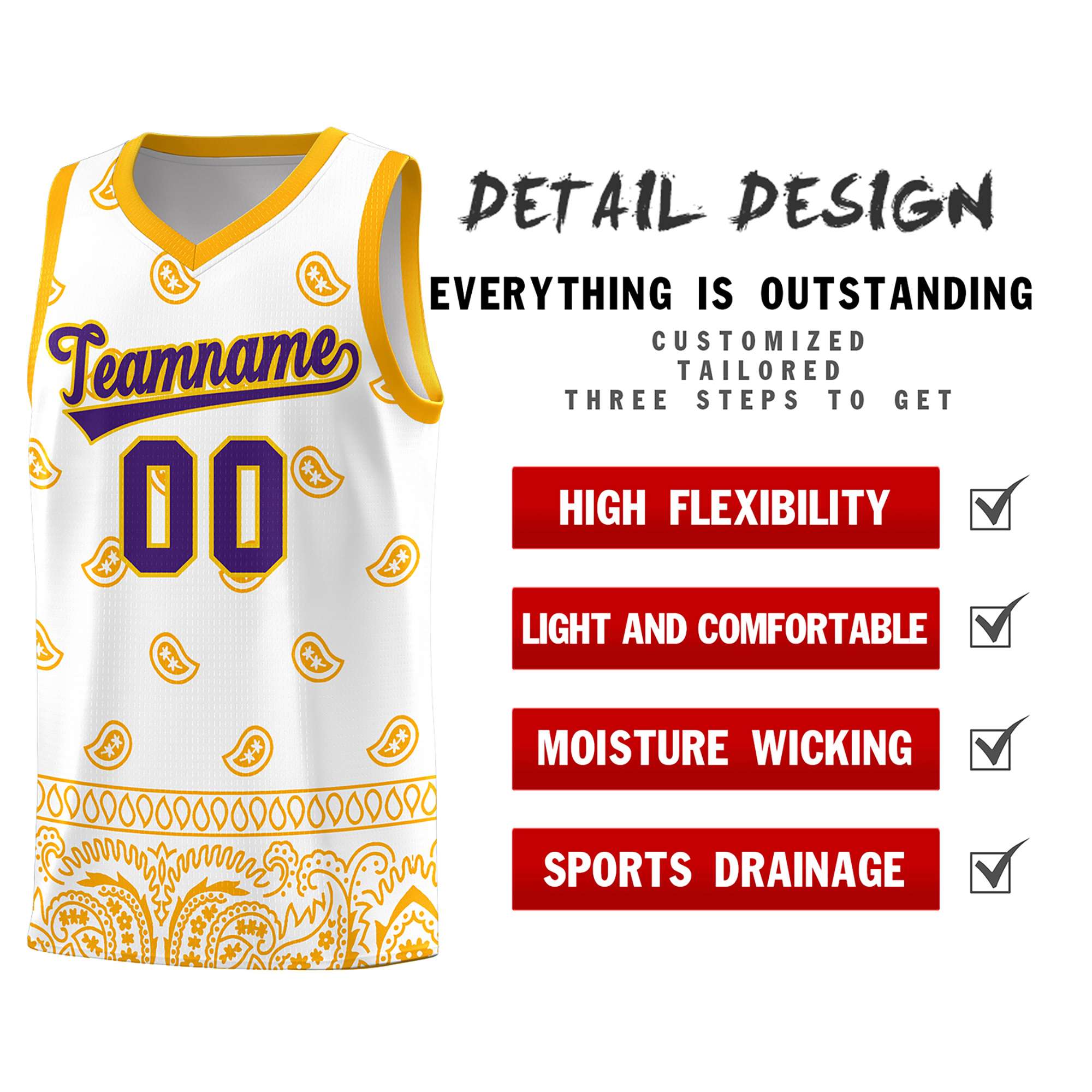 Custom White Yellow Personalized Cashew Pattern Sports Uniform Basketball Jersey