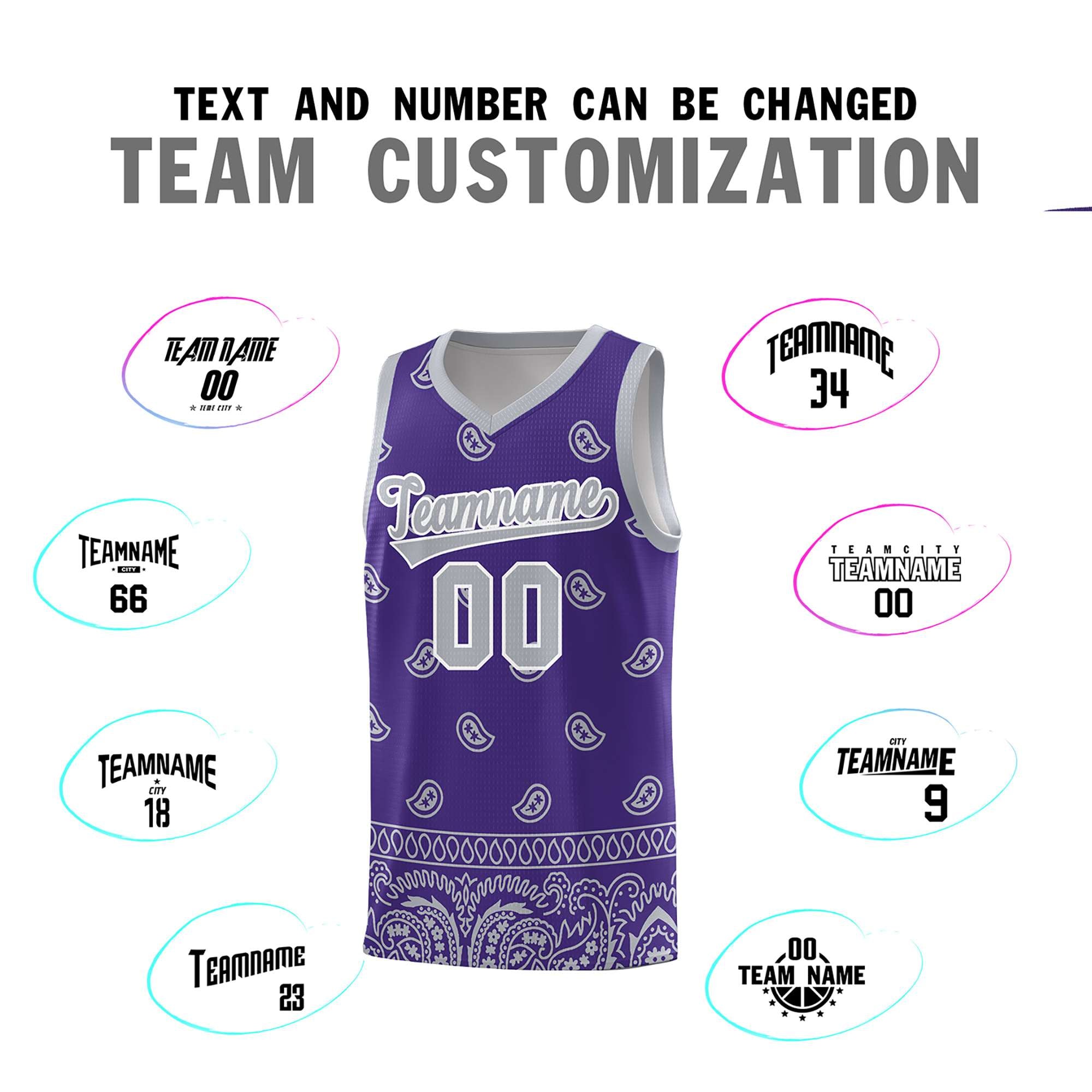 Custom Purple Gray Personalized Cashew Pattern Sports Uniform Basketball Jersey