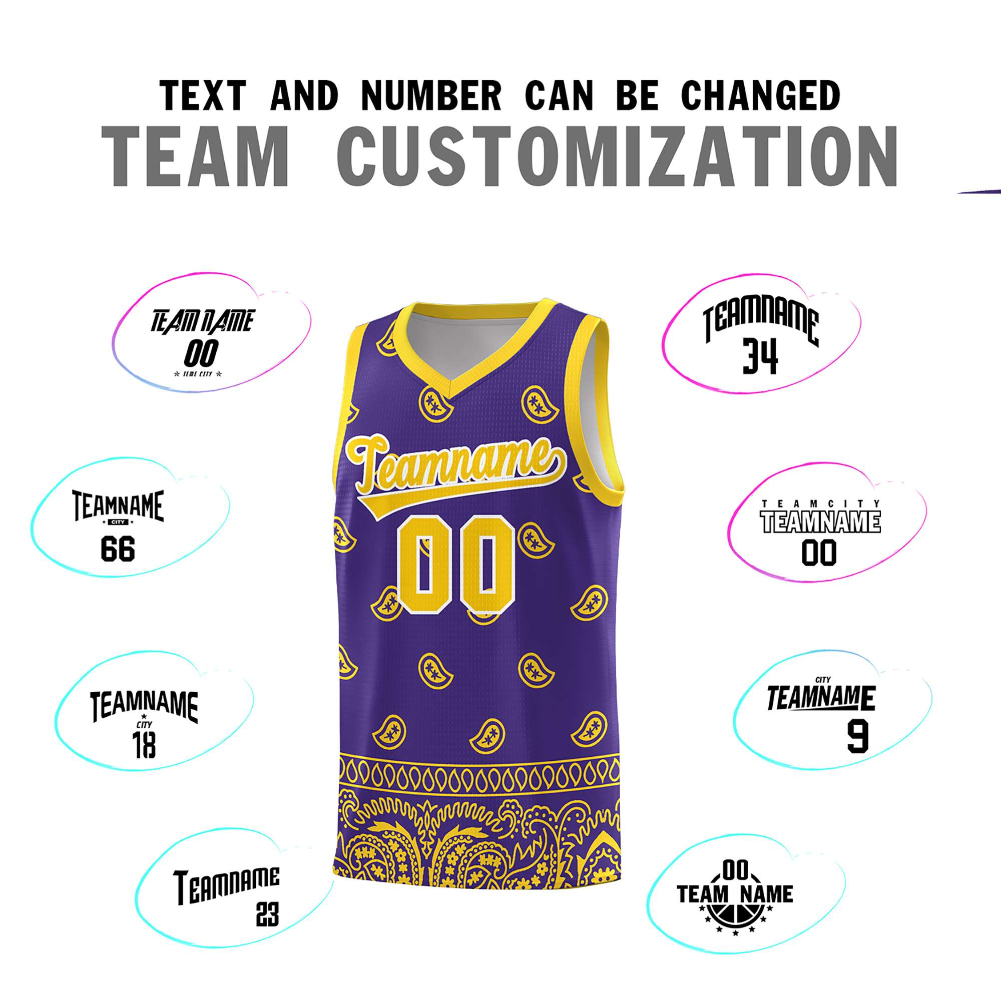 Custom Purple Gold Personalized Cashew Pattern Sports Uniform Basketball Jersey