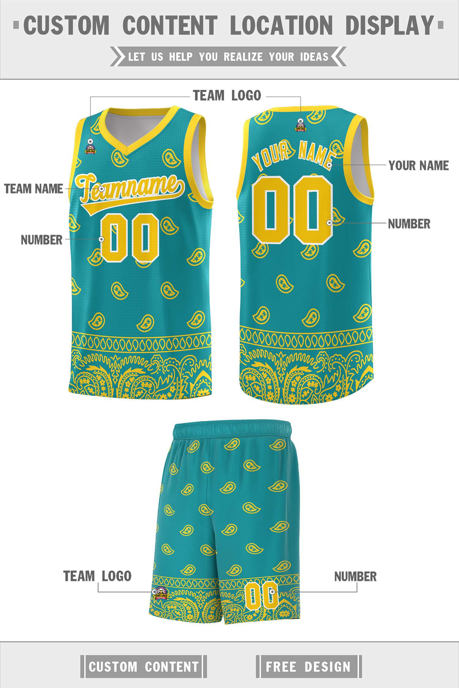 Custom Aqua Gold Personalized Cashew Pattern Sports Uniform Basketball Jersey