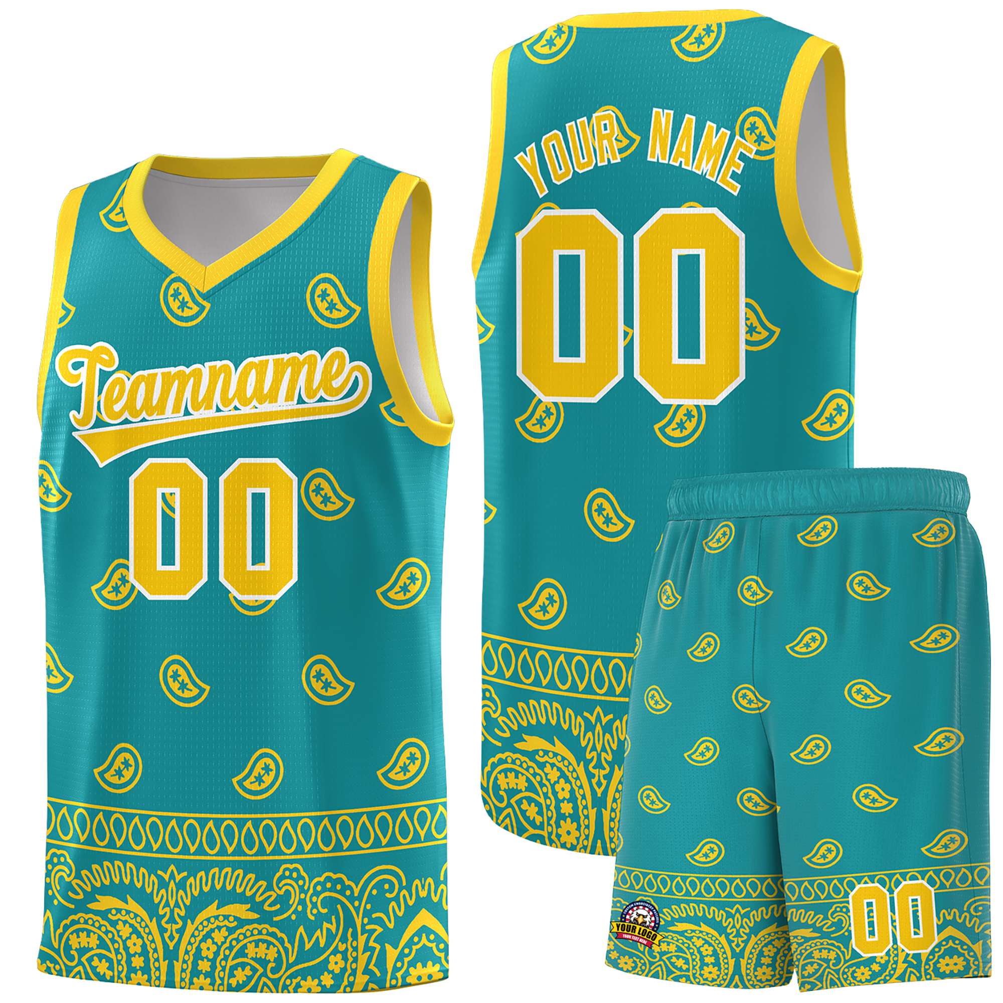 Custom Aqua Gold Personalized Cashew Pattern Sports Uniform Basketball Jersey