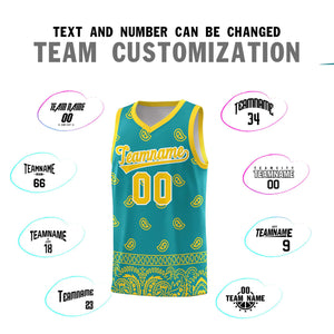 Custom Aqua Gold Personalized Cashew Pattern Sports Uniform Basketball Jersey