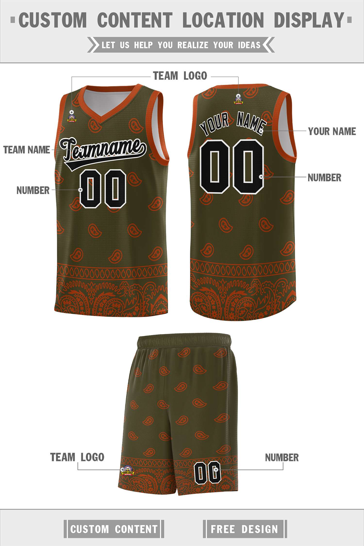 Custom Olive Texas Orange Personalized Cashew Pattern Sports Uniform Basketball Jersey