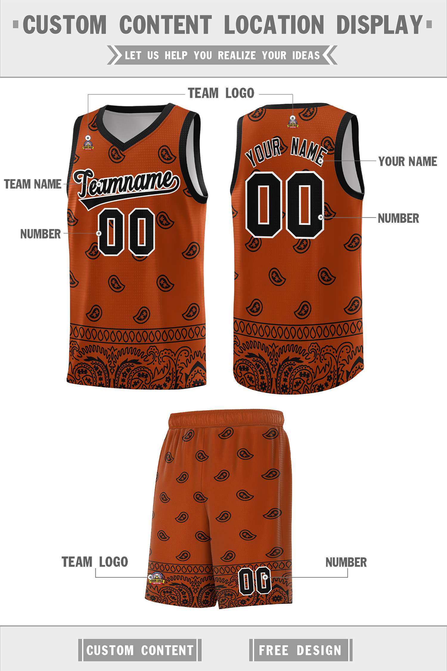 Custom Texas Orange Black Personalized Cashew Pattern Sports Uniform Basketball Jersey