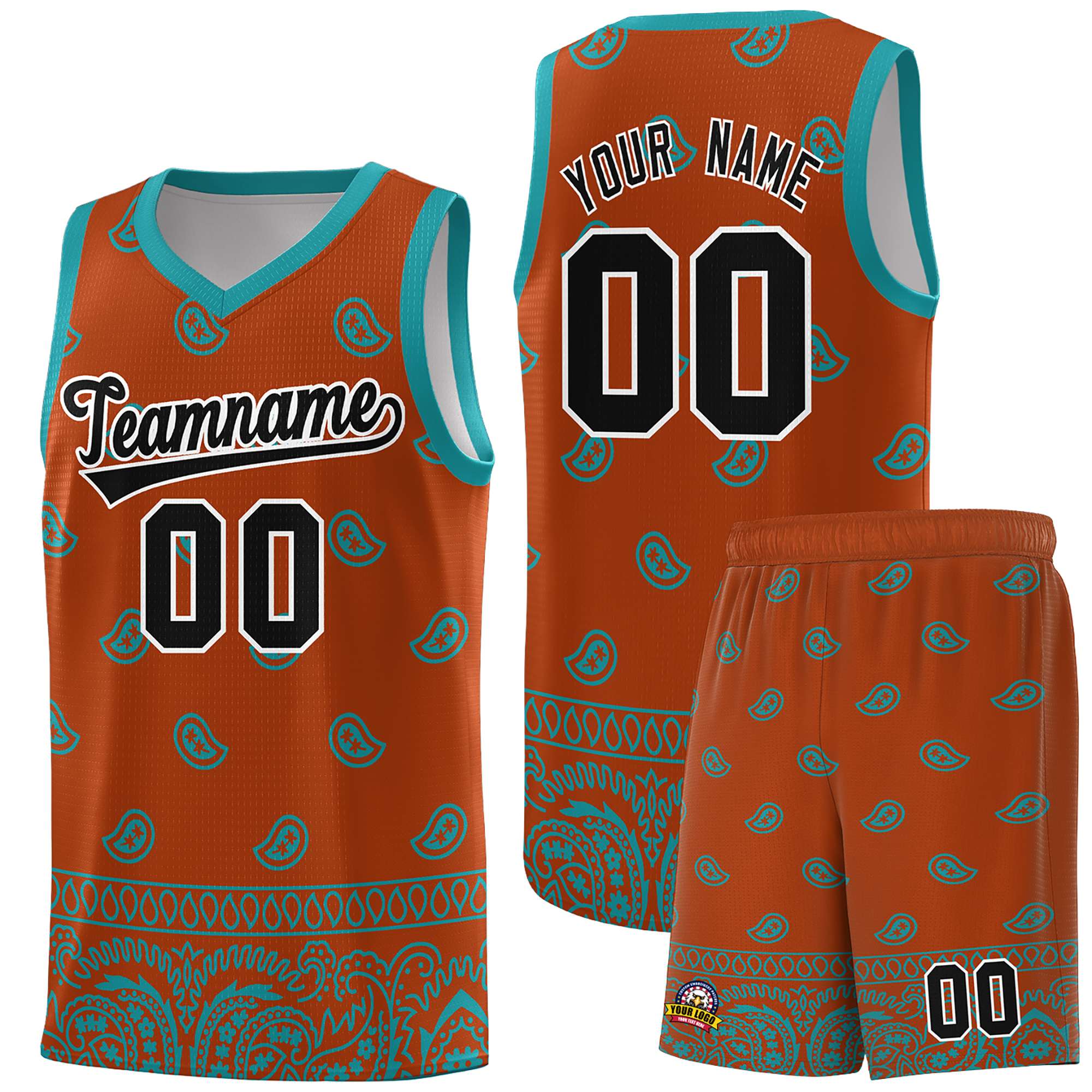 Custom Texas Orange Aqua Personalized Cashew Pattern Sports Uniform Basketball Jersey