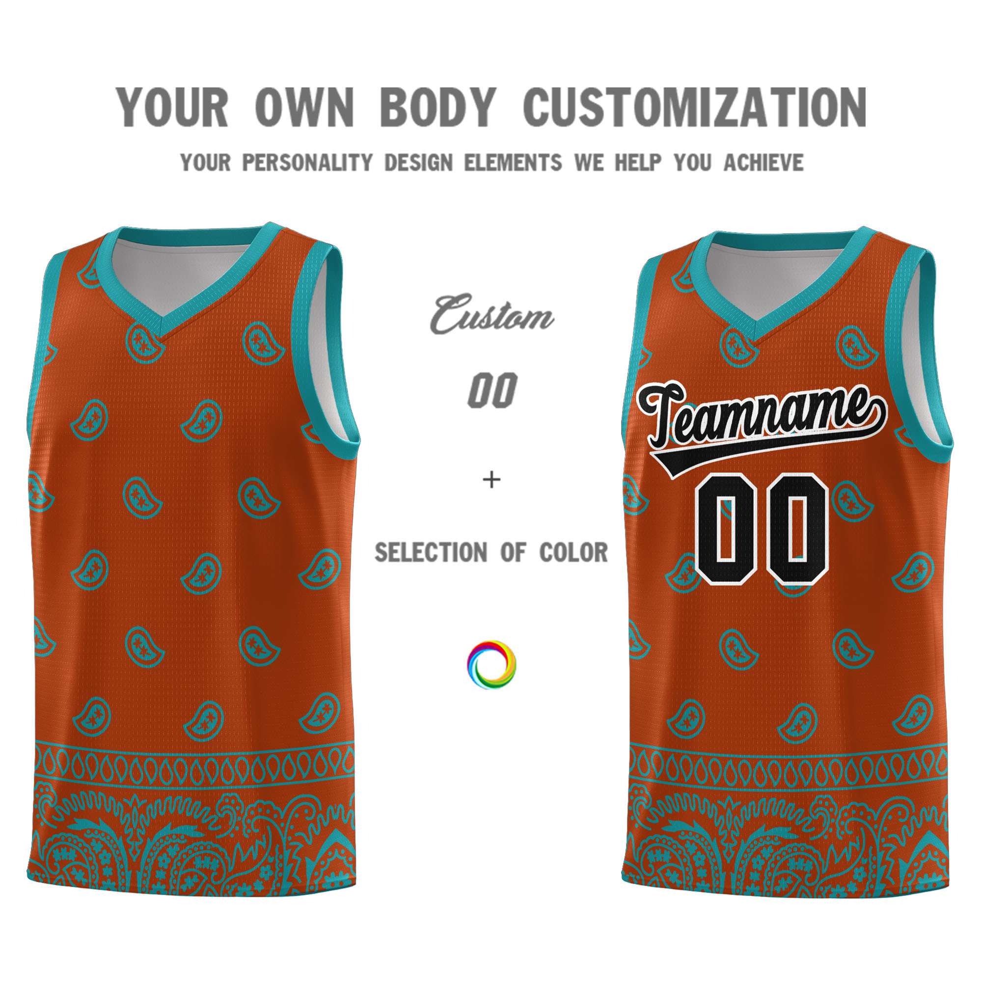 Custom Texas Orange Aqua Personalized Cashew Pattern Sports Uniform Basketball Jersey