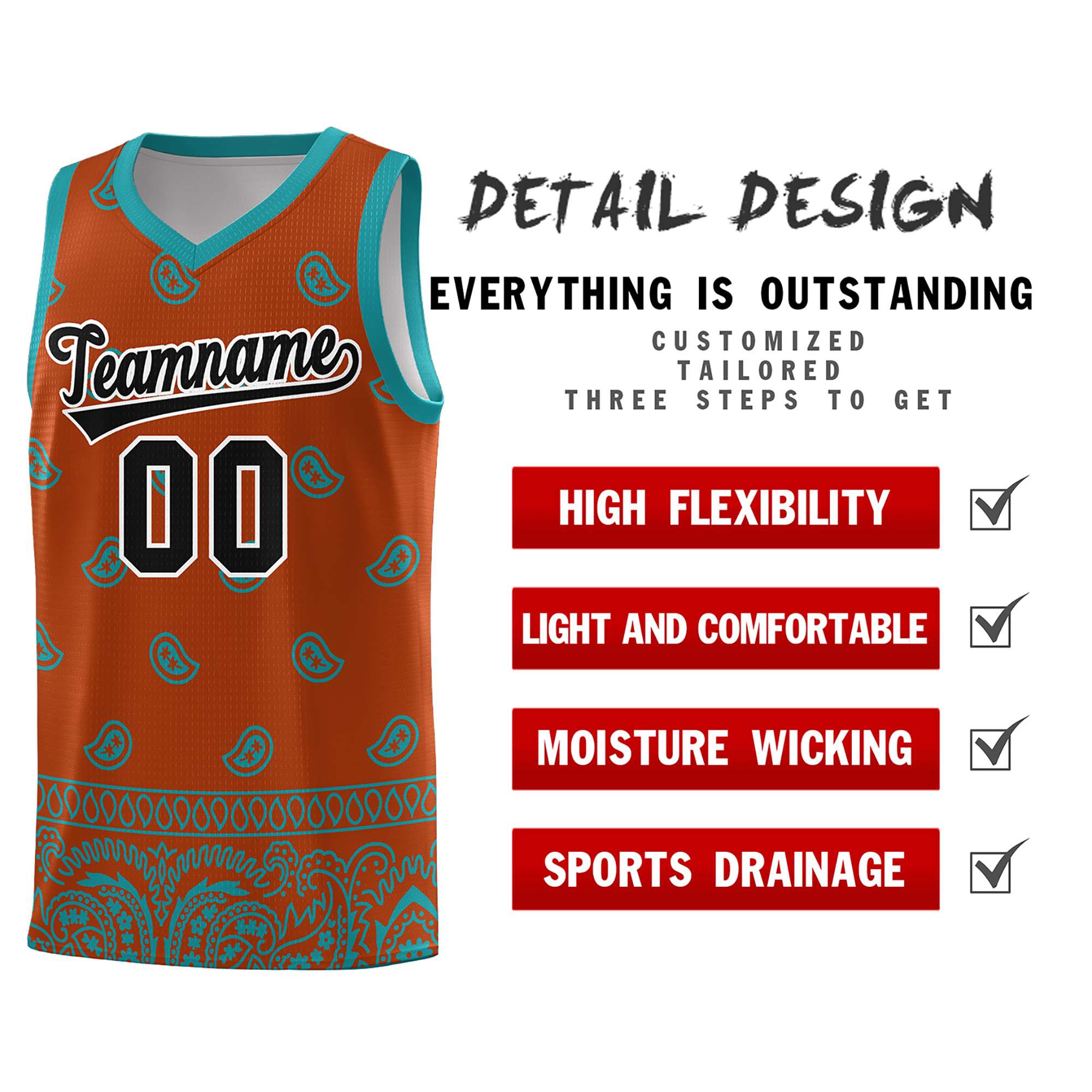 Custom Texas Orange Aqua Personalized Cashew Pattern Sports Uniform Basketball Jersey