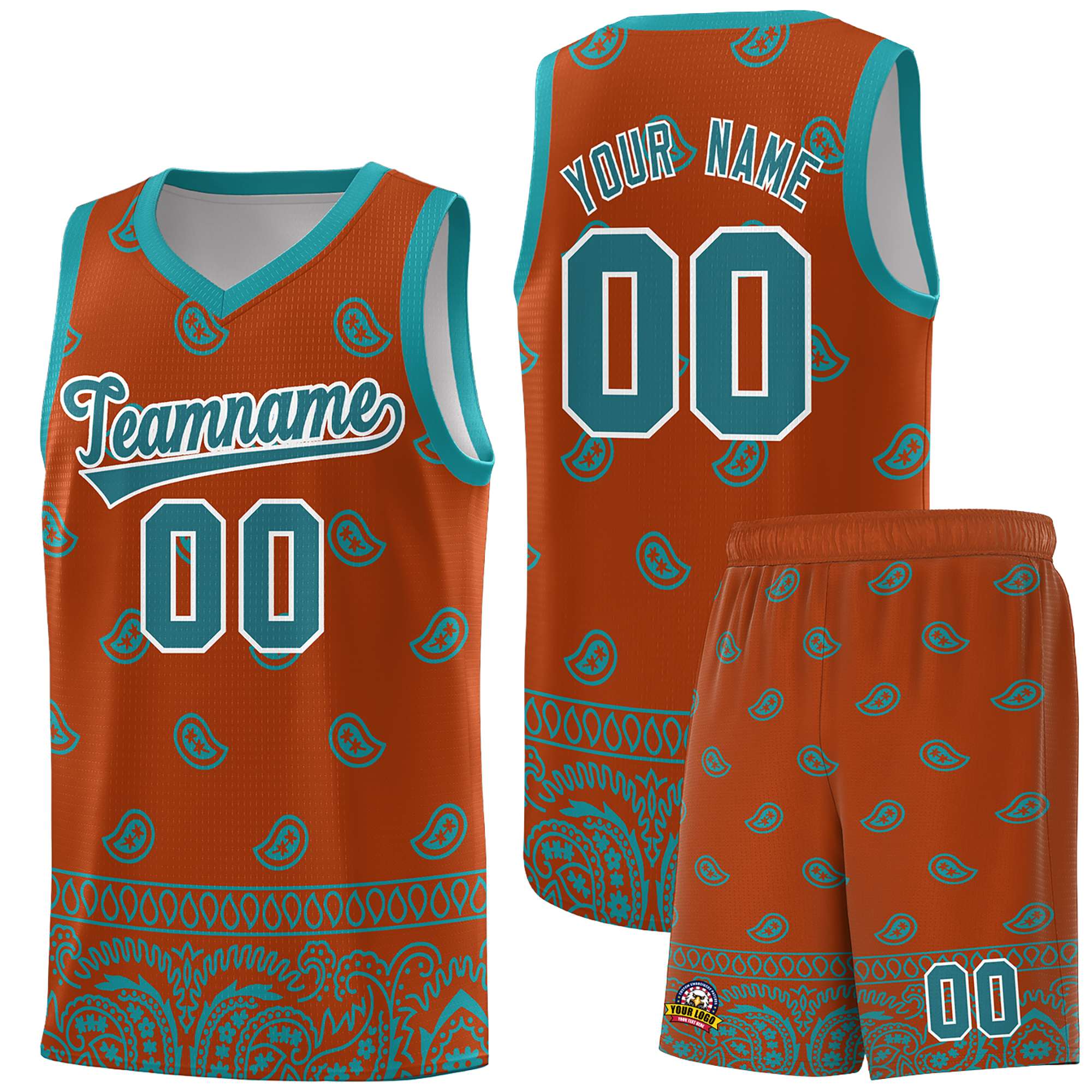 Custom Texas Orange Aqua Personalized Cashew Pattern Sports Uniform Basketball Jersey