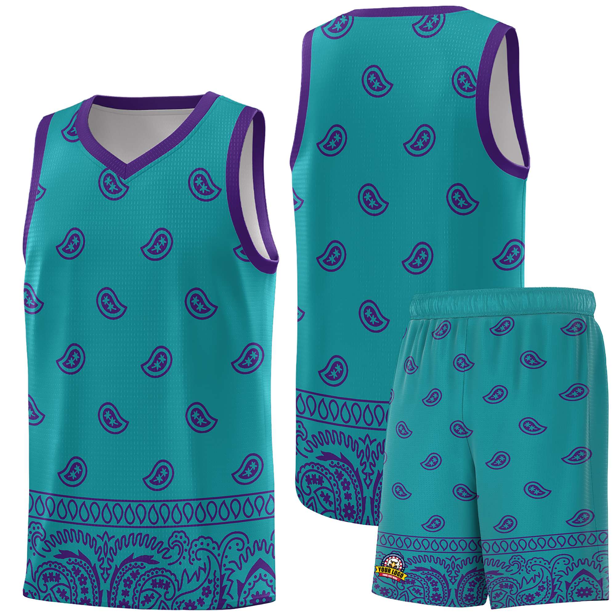 Custom Aqua Purple Personalized Cashew Pattern Sports Uniform Basketball Jersey