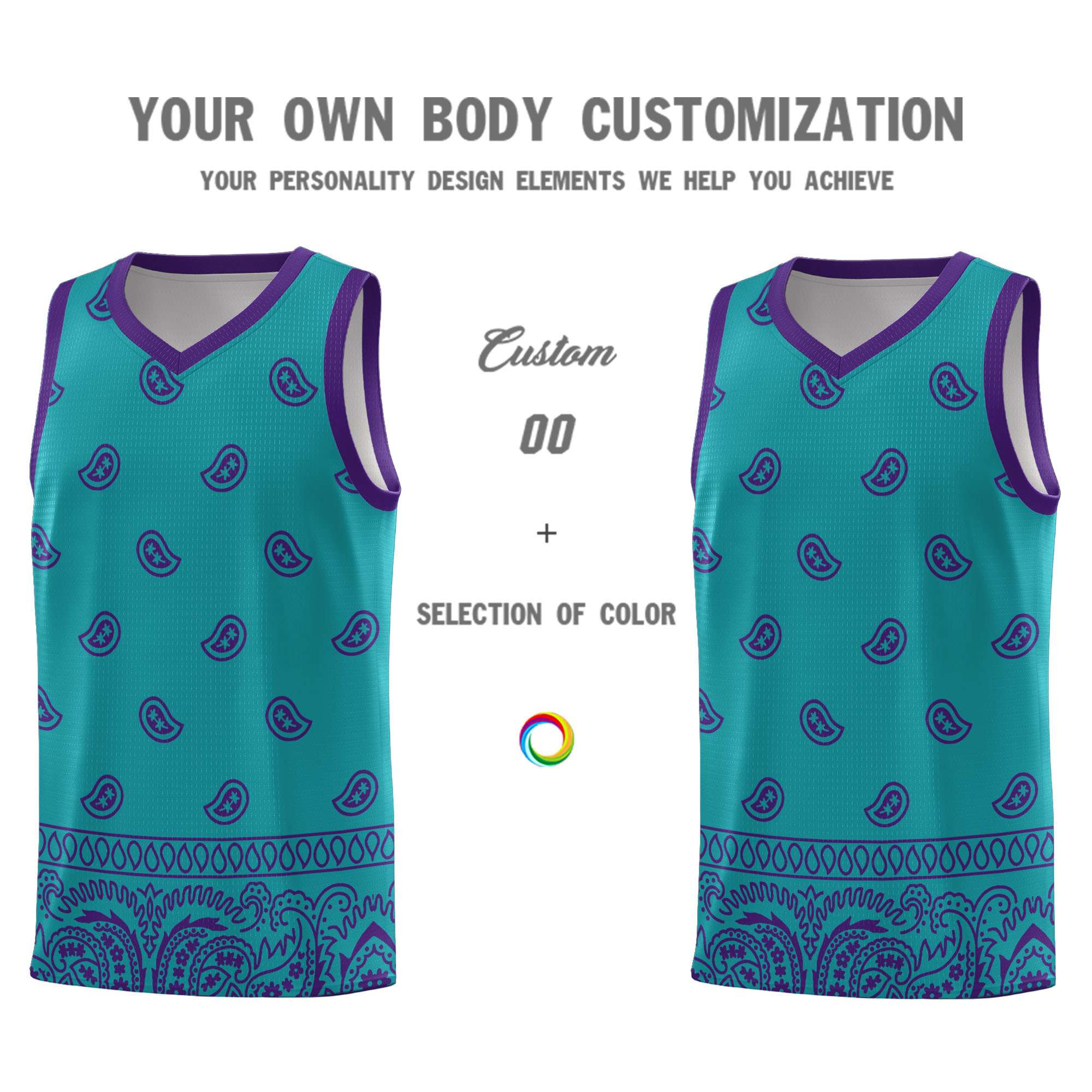 Custom Aqua Purple Personalized Cashew Pattern Sports Uniform Basketball Jersey