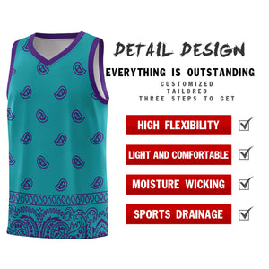 Custom Aqua Purple Personalized Cashew Pattern Sports Uniform Basketball Jersey