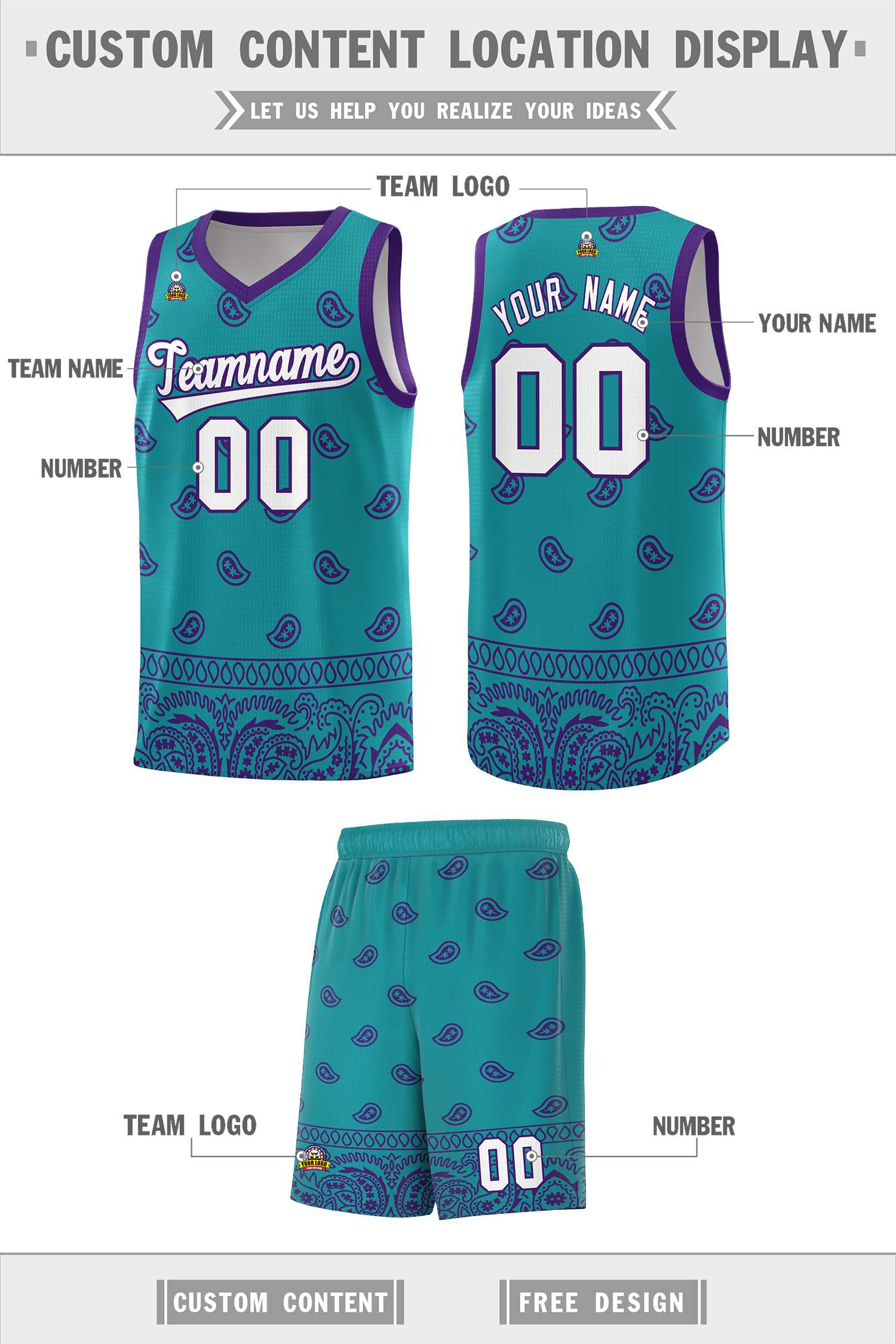 Custom Aqua Purple Personalized Cashew Pattern Sports Uniform Basketball Jersey