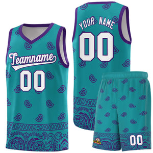 Custom Aqua Purple Personalized Cashew Pattern Sports Uniform Basketball Jersey