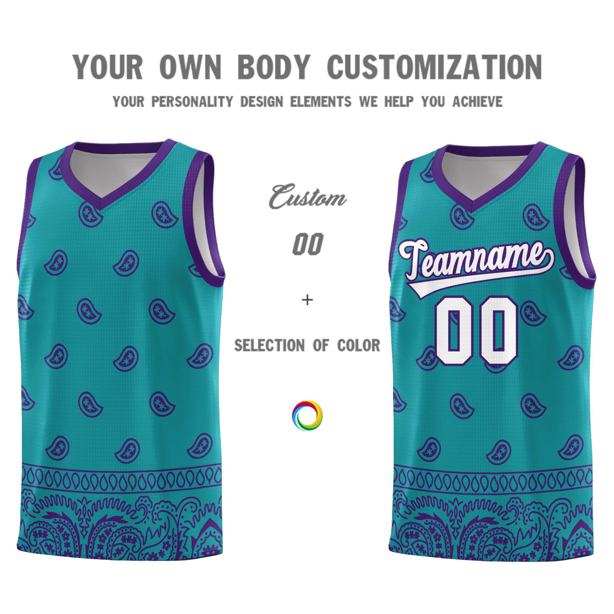 Custom Aqua Purple Personalized Cashew Pattern Sports Uniform Basketball Jersey