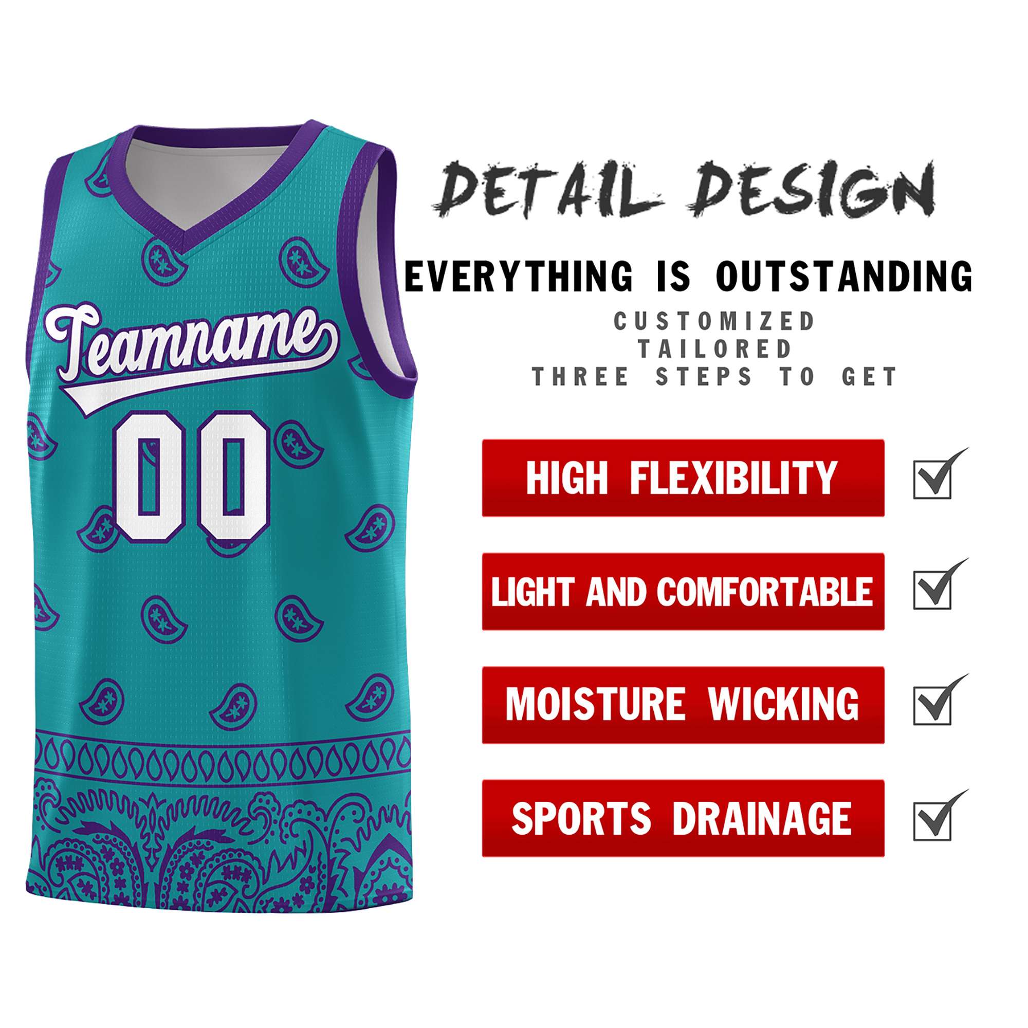 Custom Aqua Purple Personalized Cashew Pattern Sports Uniform Basketball Jersey