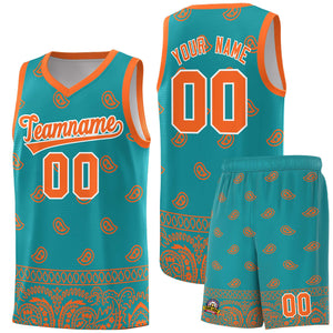 Custom Aqua Orange Personalized Cashew Pattern Sports Uniform Basketball Jersey