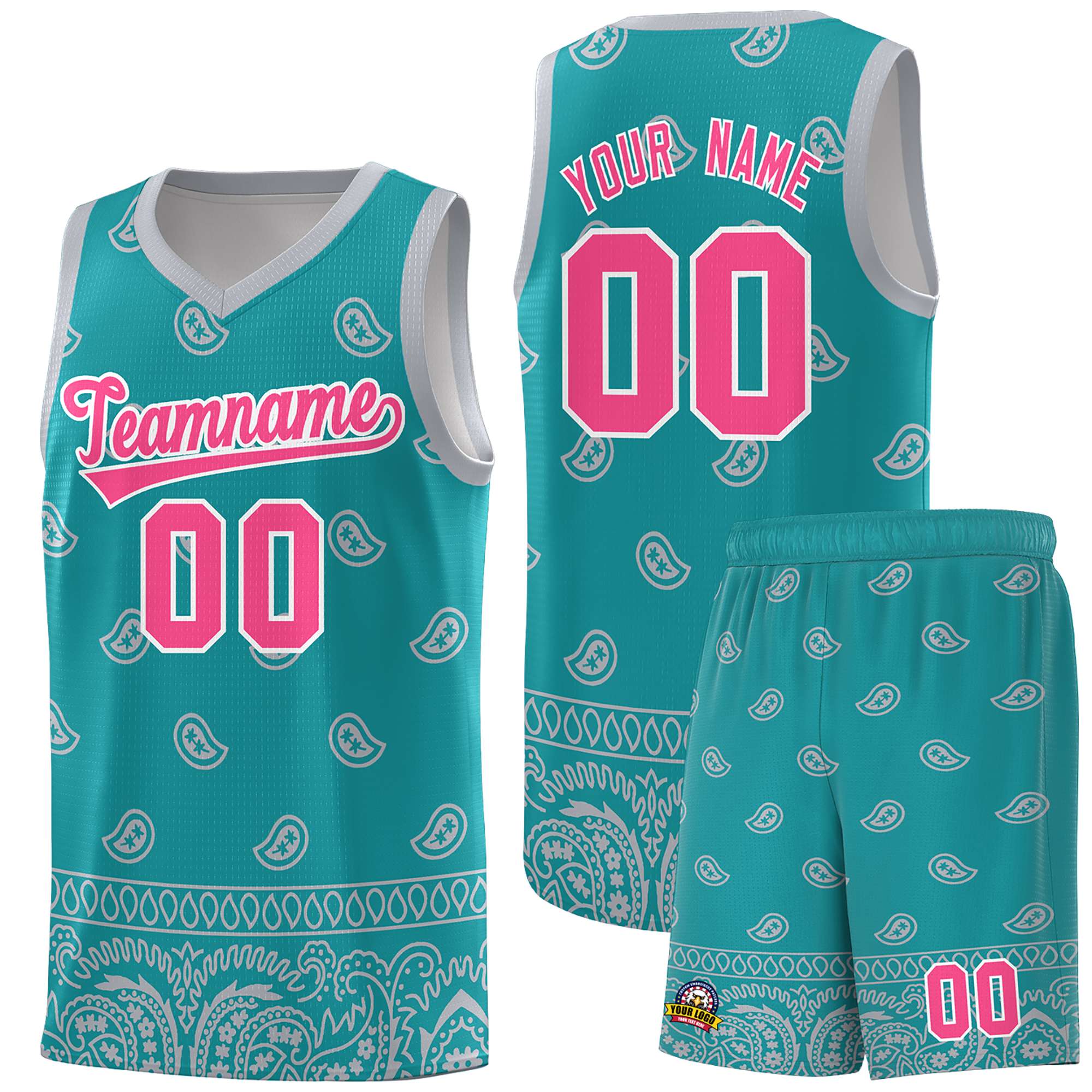 Custom Aqua Gray Personalized Cashew Pattern Sports Uniform Basketball Jersey