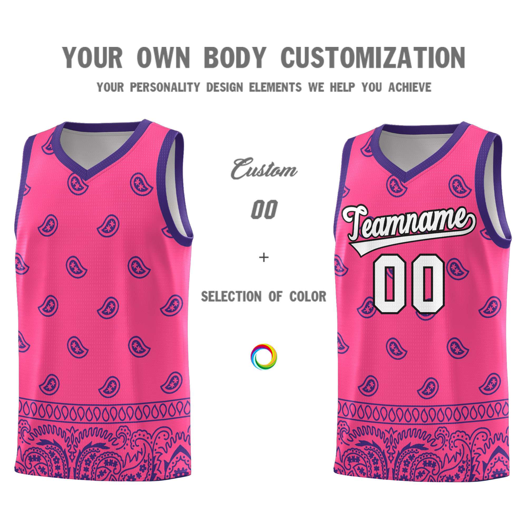 Custom Pink Purple Personalized Cashew Pattern Sports Uniform Basketball Jersey