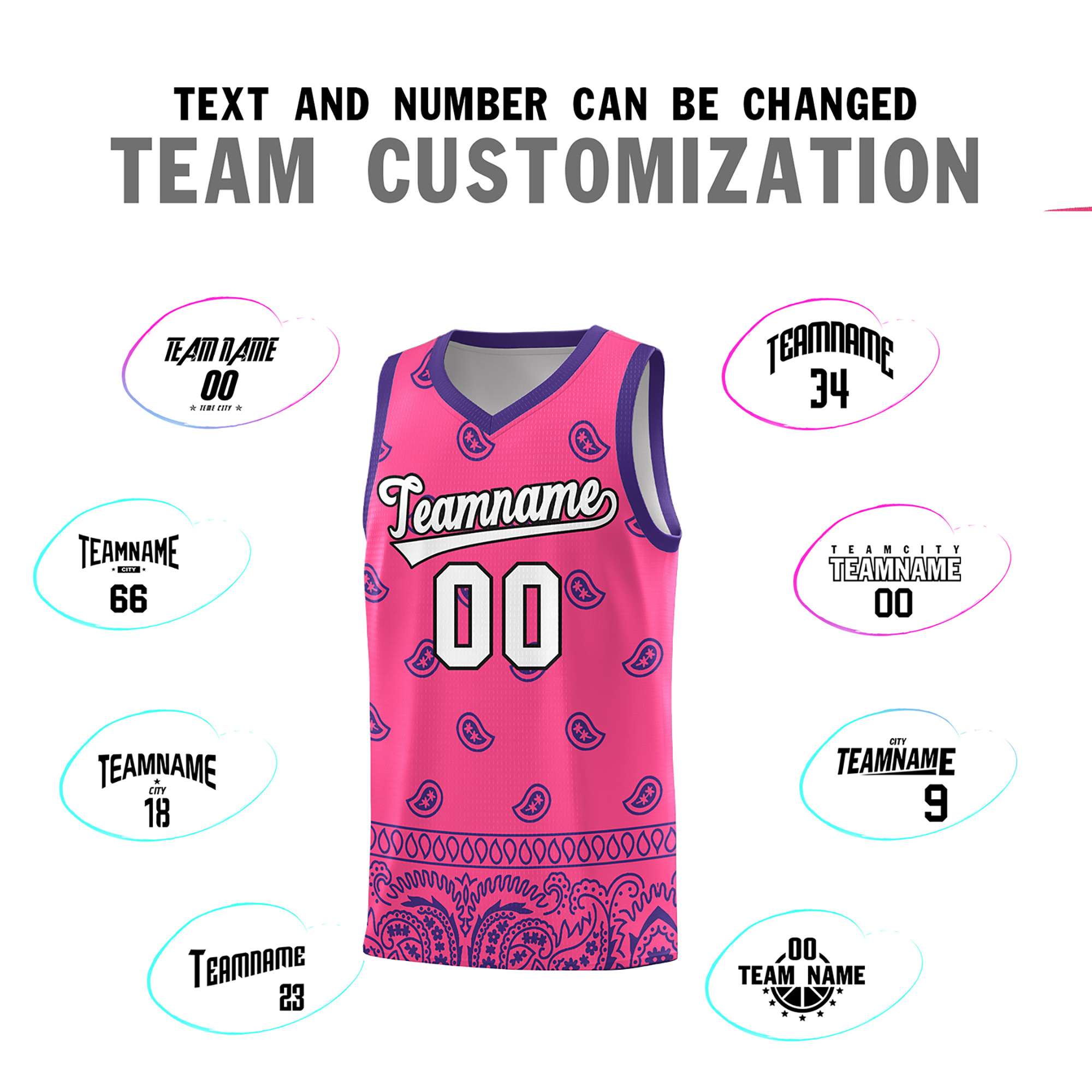 Custom Pink Purple Personalized Cashew Pattern Sports Uniform Basketball Jersey