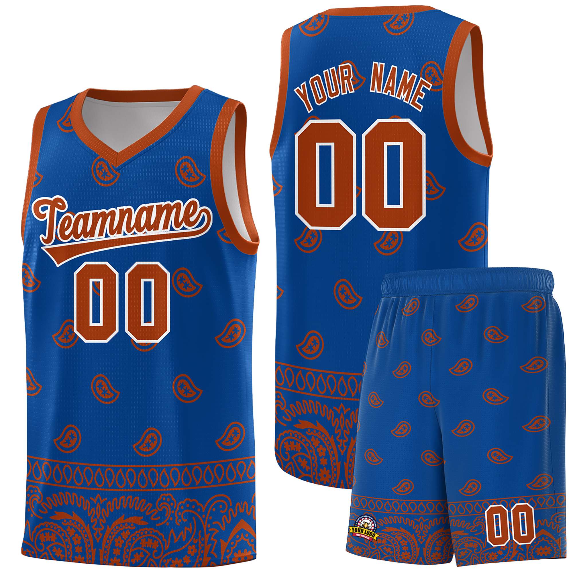 Custom Royal Texas Orange Personalized Cashew Pattern Sports Uniform Basketball Jersey