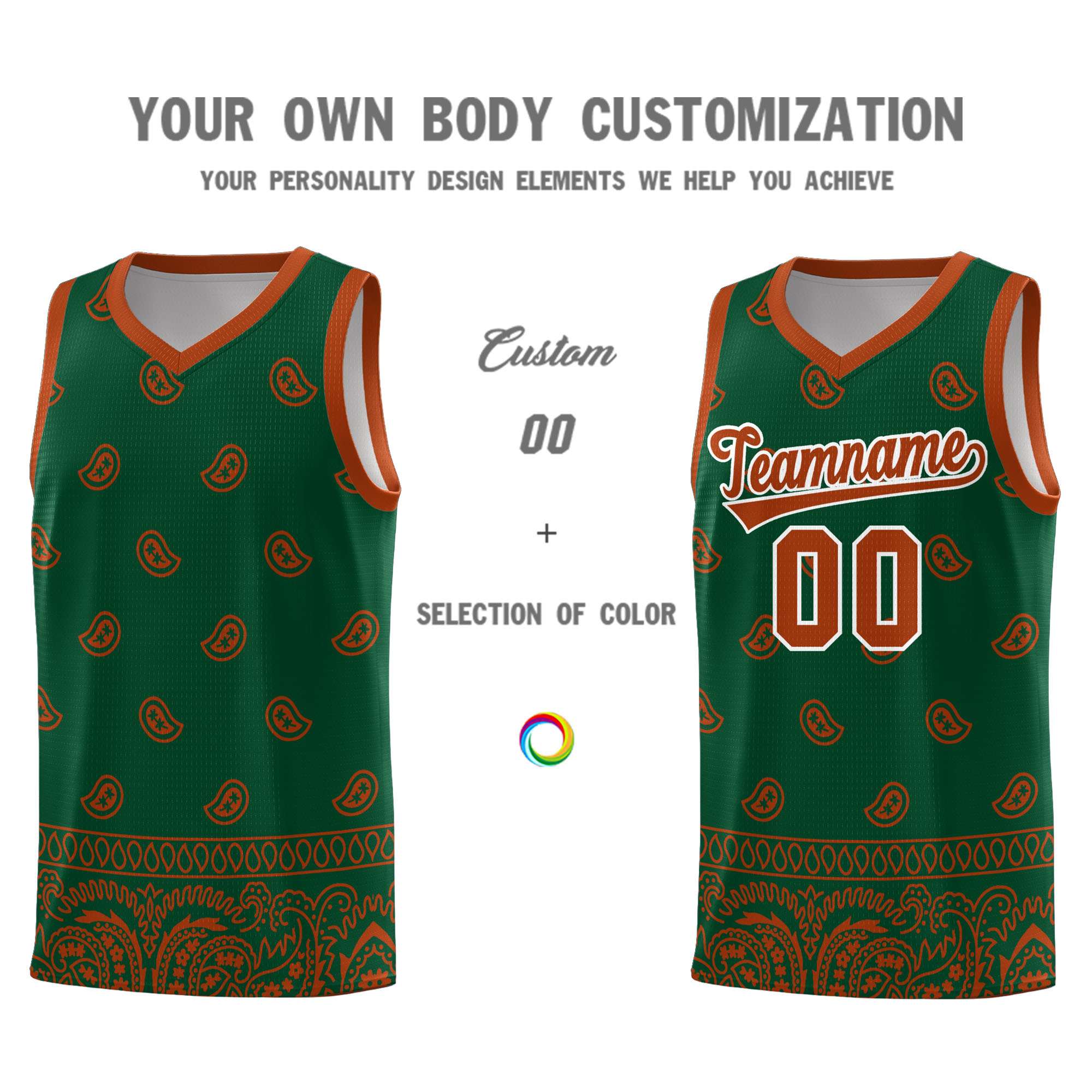 Custom Green Texas Orange Personalized Cashew Pattern Sports Uniform Basketball Jersey