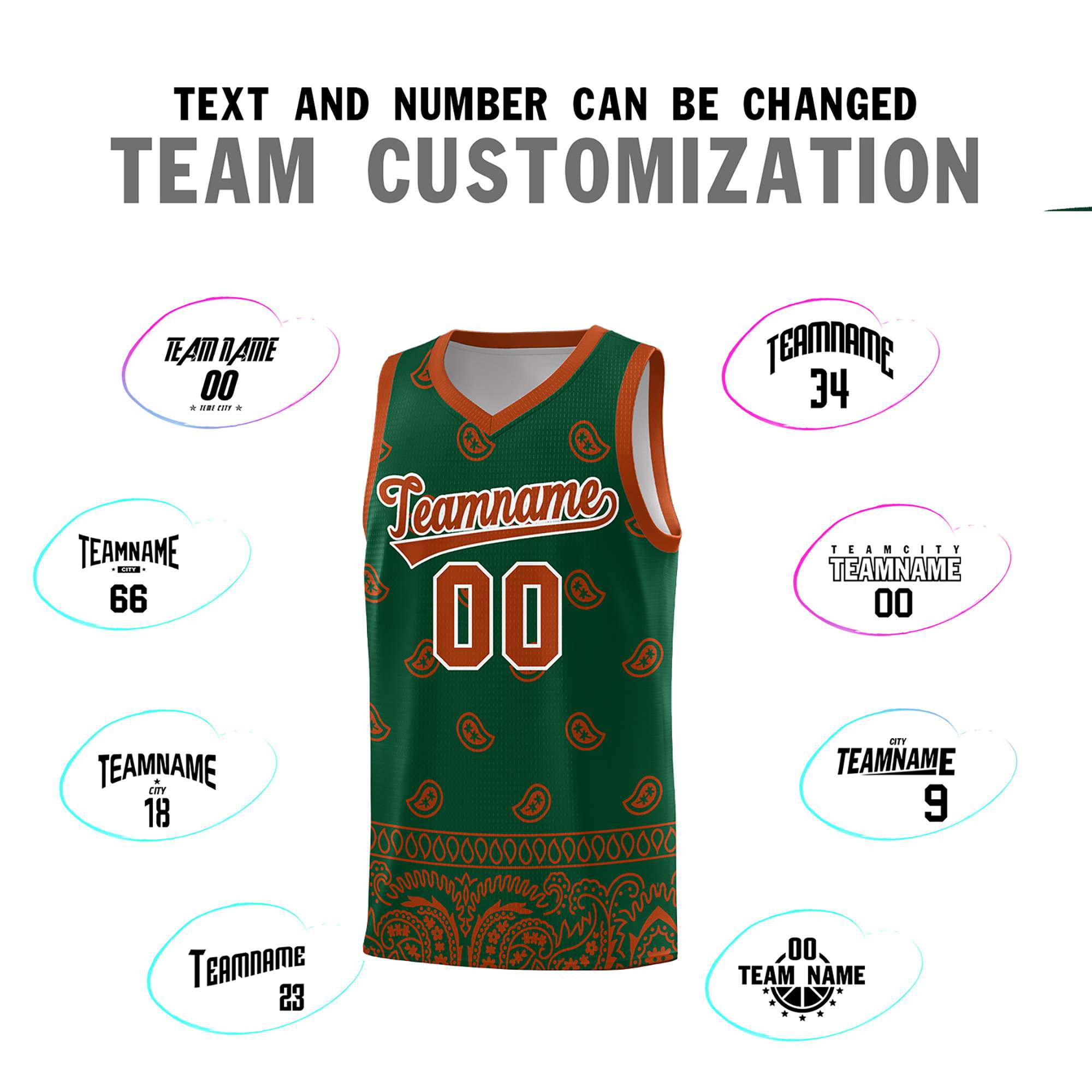 Custom Green Texas Orange Personalized Cashew Pattern Sports Uniform Basketball Jersey