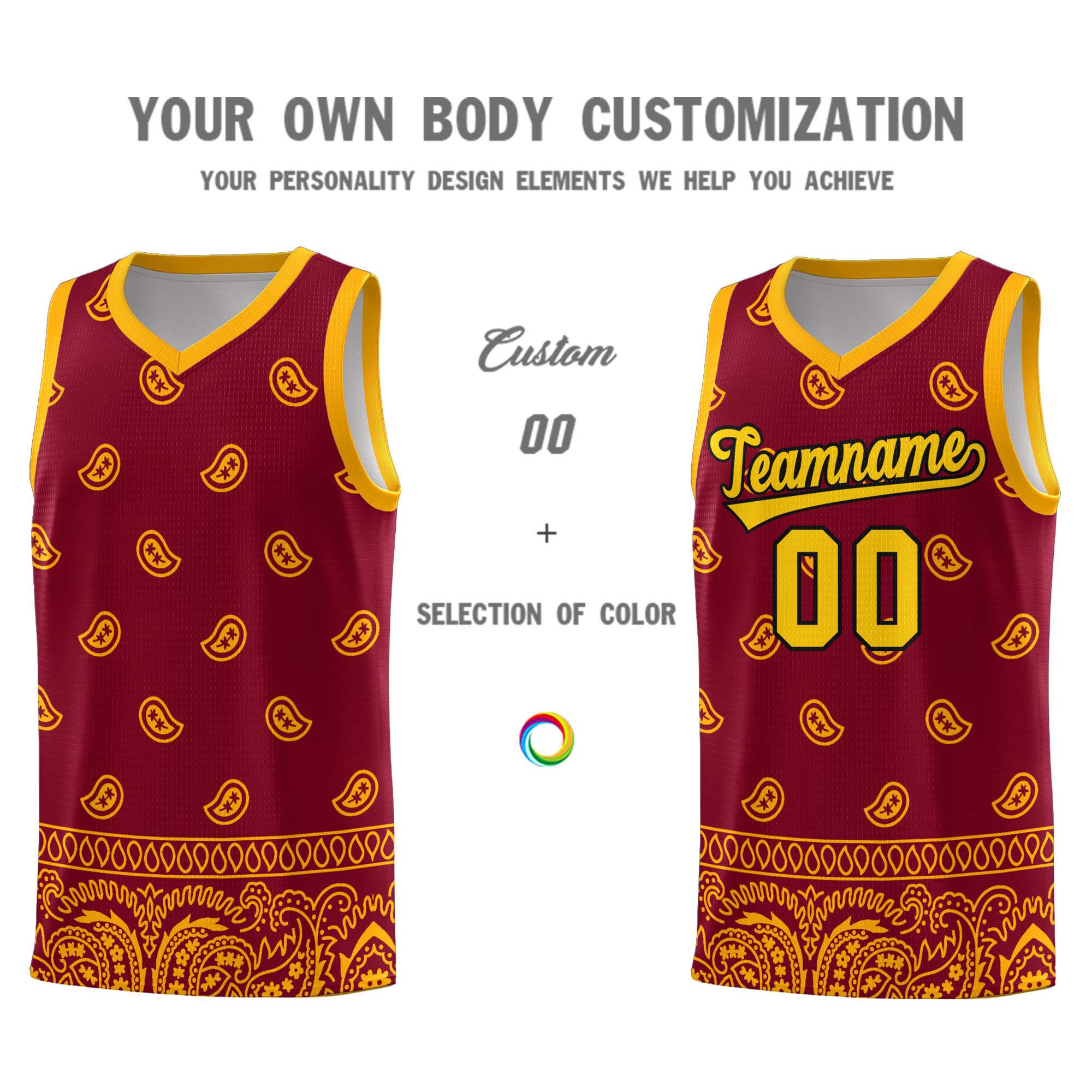 Custom Crimson Yellow Personalized Cashew Pattern Sports Uniform Basketball Jersey