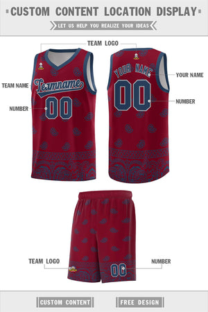 Custom Crimson Midnight Blue Personalized Cashew Pattern Sports Uniform Basketball Jersey