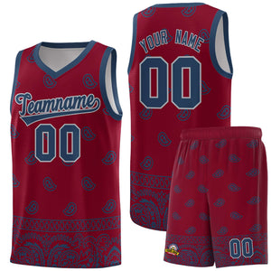 Custom Crimson Midnight Blue Personalized Cashew Pattern Sports Uniform Basketball Jersey