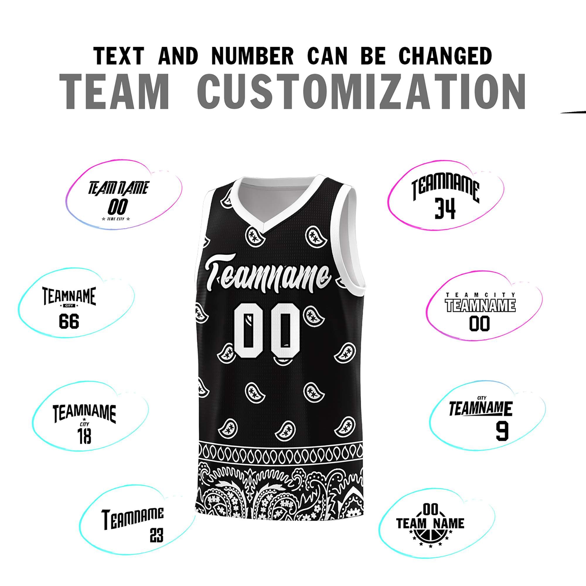 Custom Black White Personalized Cashew Pattern Sports Uniform Basketball Jersey