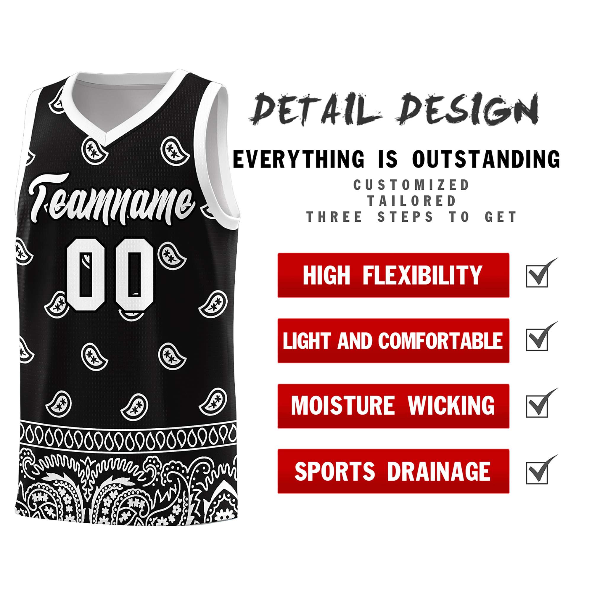 Custom Black White Personalized Cashew Pattern Sports Uniform Basketball Jersey