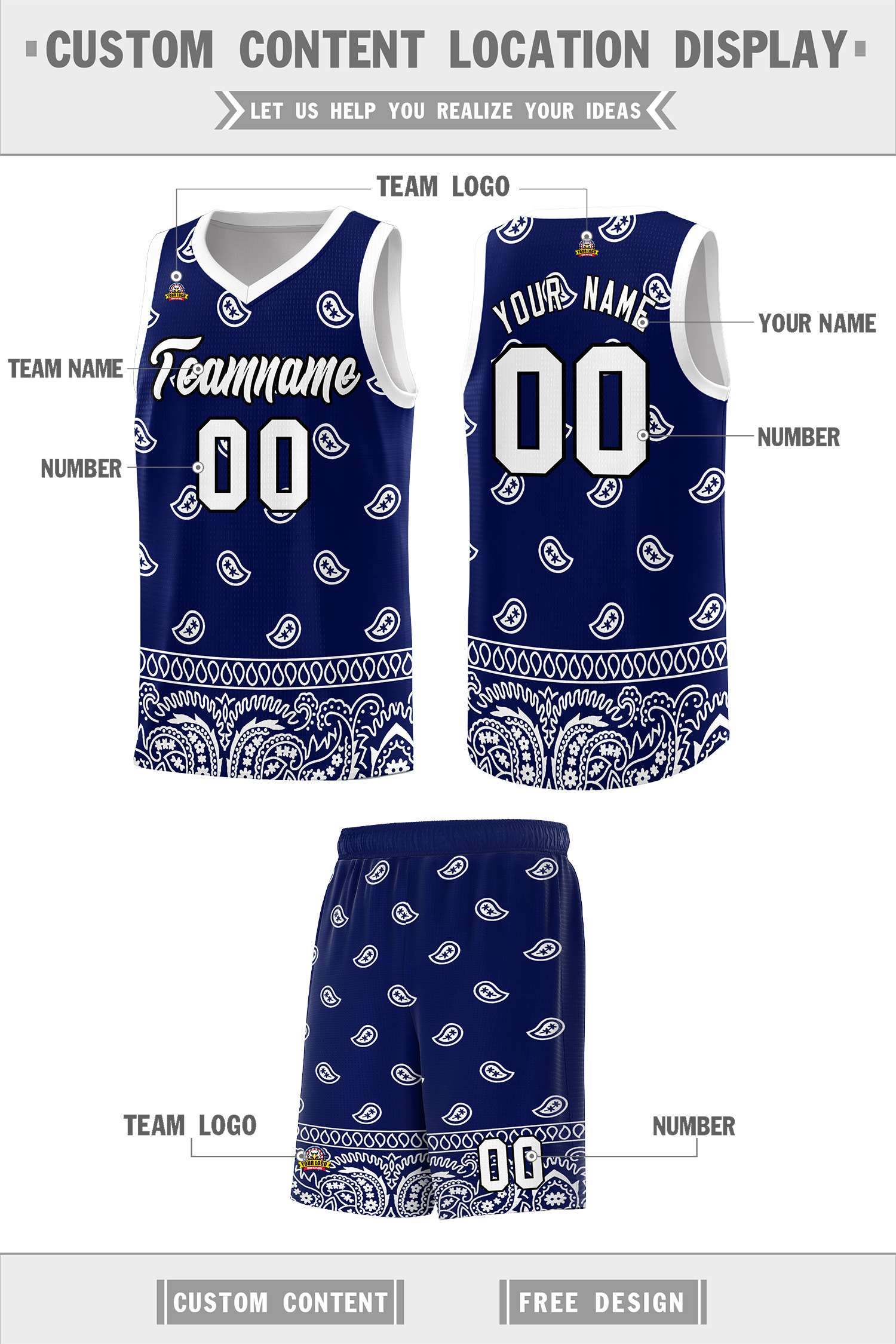 Custom Navy White Personalized Cashew Pattern Sports Uniform Basketball Jersey