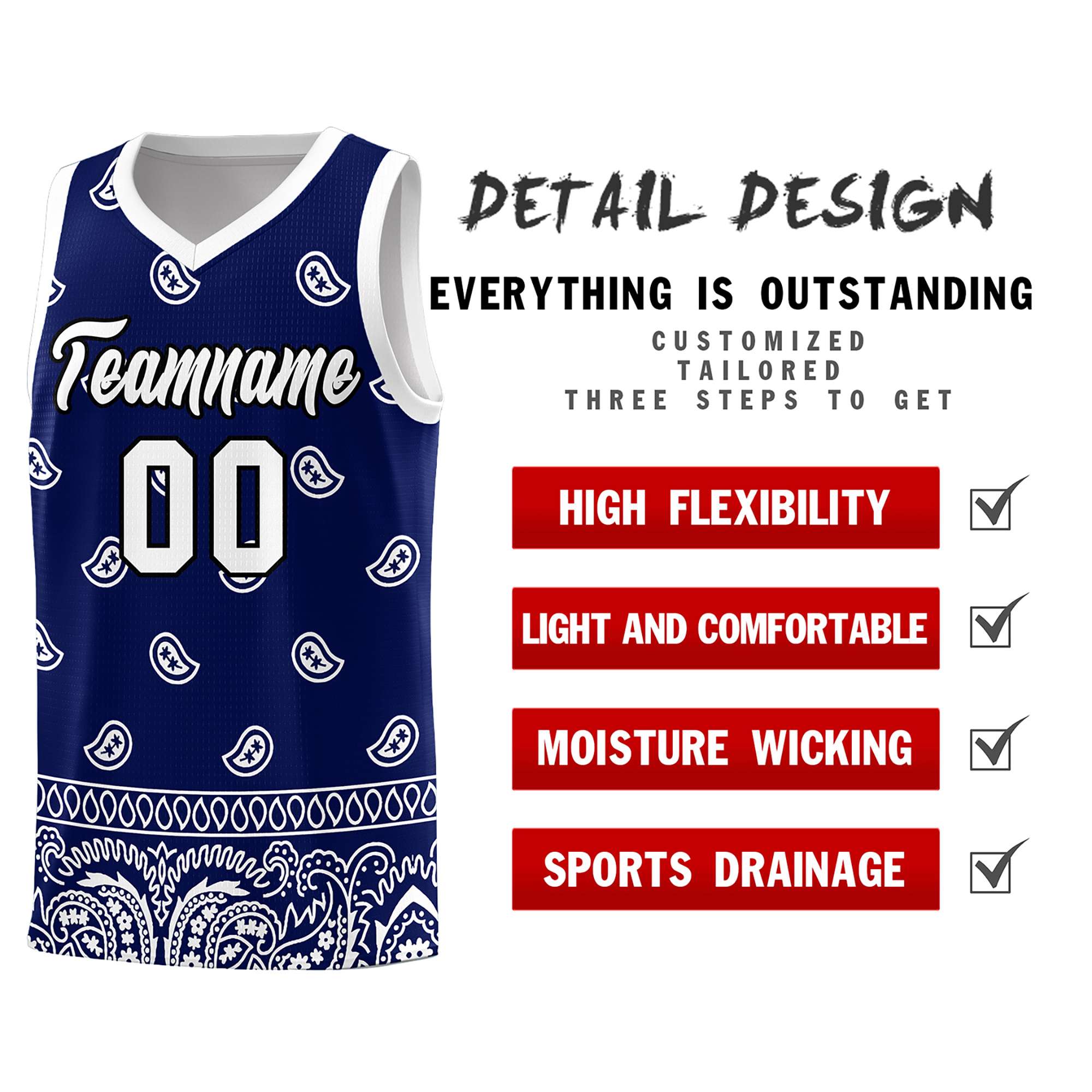 Custom Navy White Personalized Cashew Pattern Sports Uniform Basketball Jersey