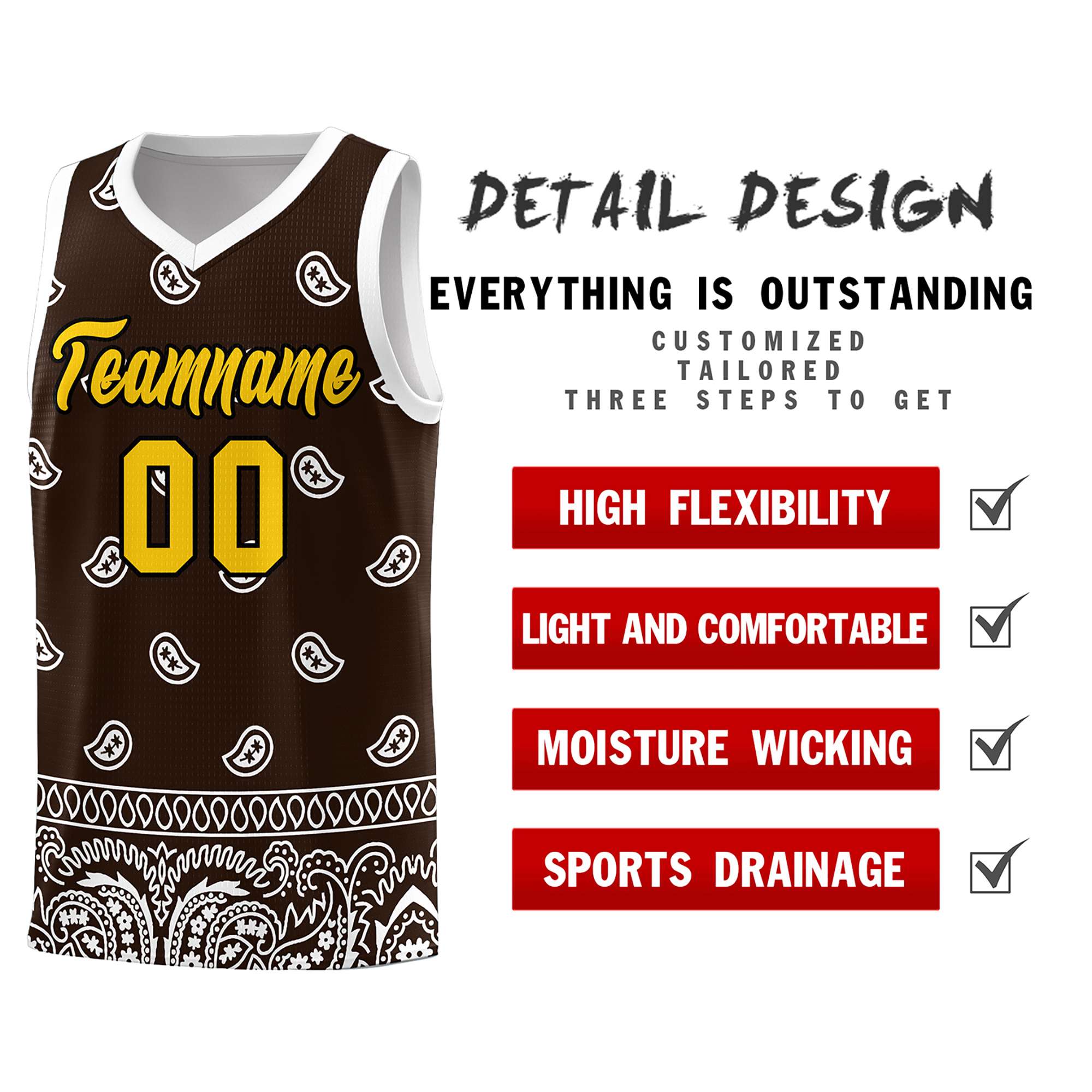 Custom Brown White Personalized Cashew Pattern Sports Uniform Basketball Jersey