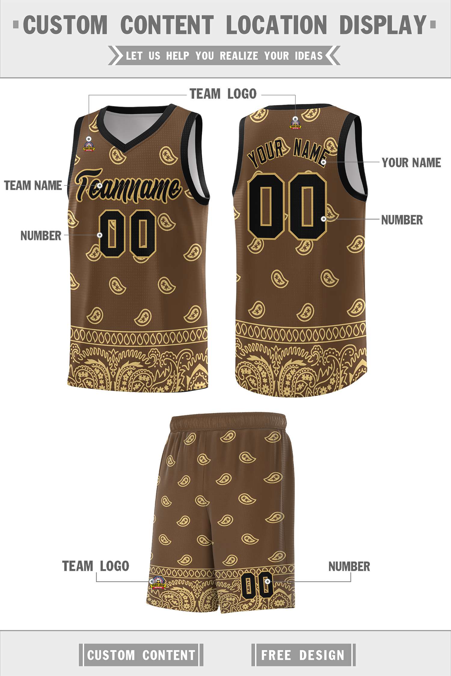 Custom Light Brown Khaki Personalized Cashew Pattern Sports Uniform Basketball Jersey